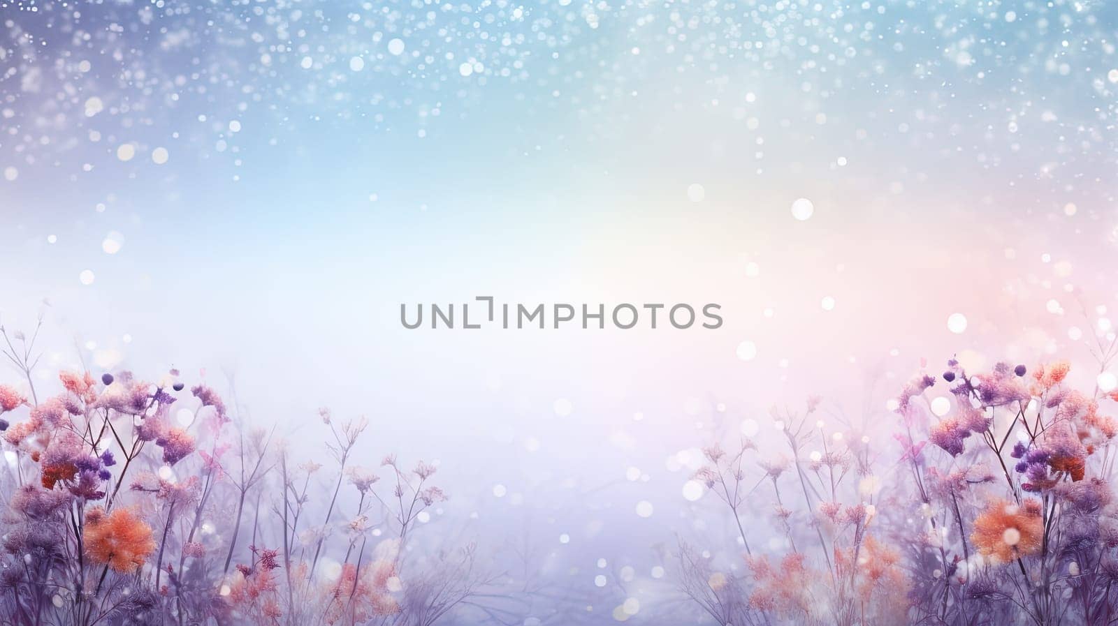 Abstract blurred background with flowers in the cold garden. Generated AI