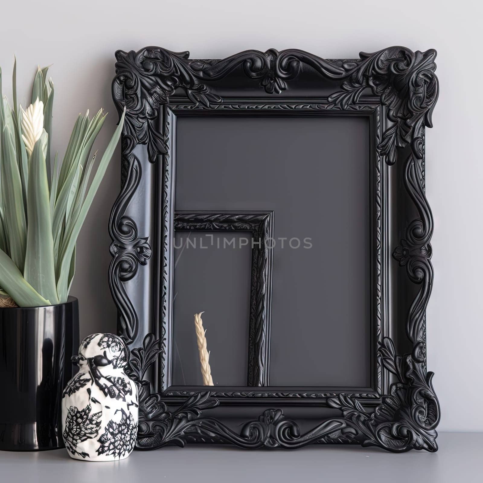Black vintage ornate frame in classic style. Dark gothic royal frame in the room. Generated AI
