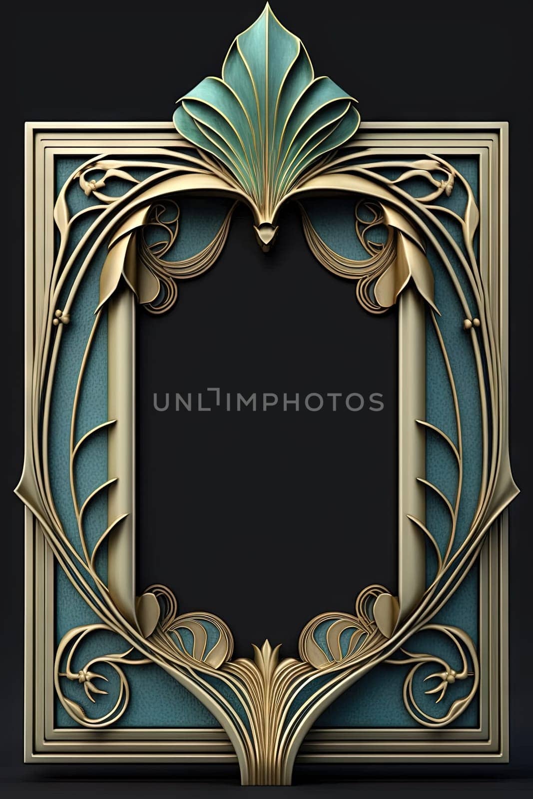 Golden art deco frame with ornament. Retro golden art deco or art nouveu frame in roaring 20s style. Generative AI