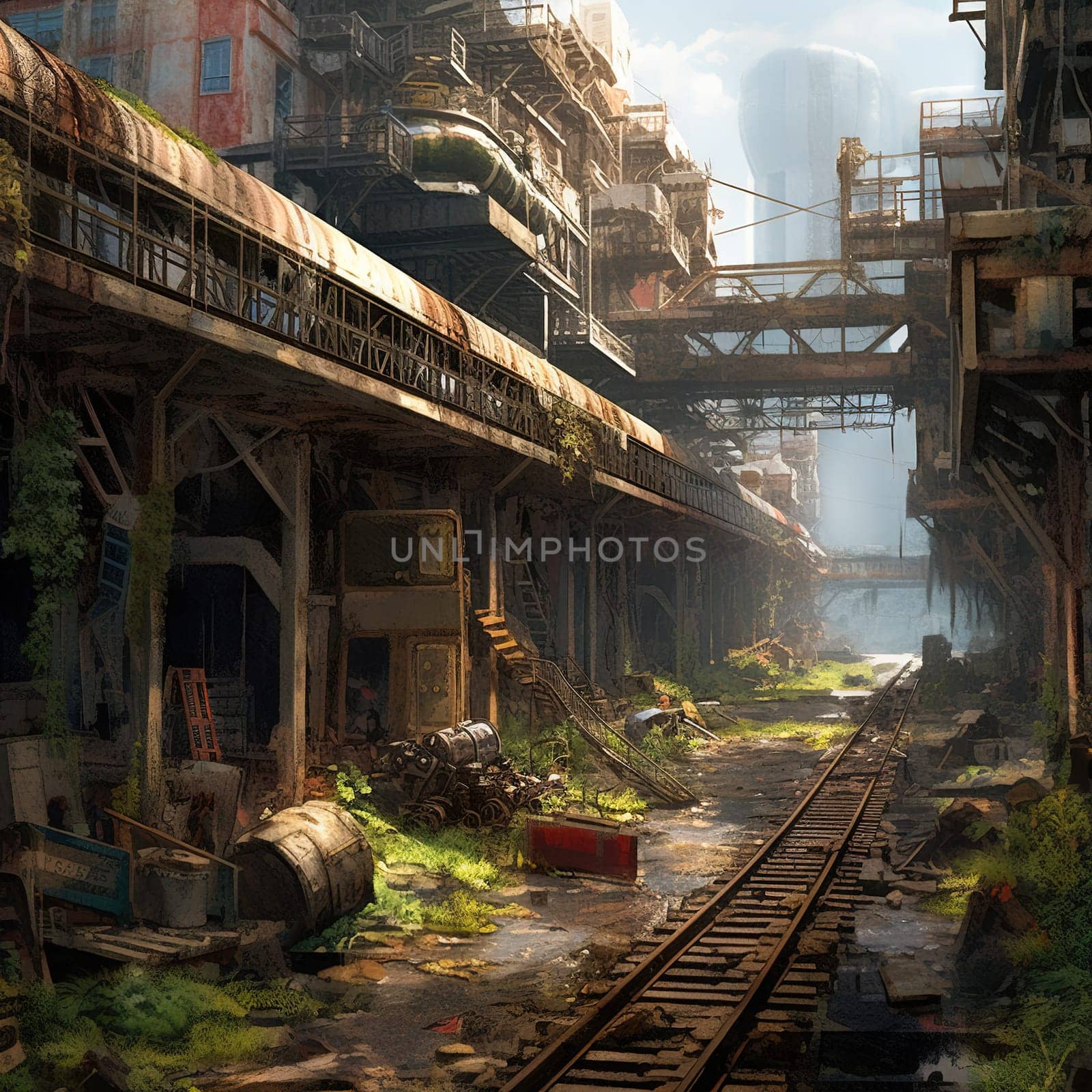 Abandoned industrial factory with rusty metallic warehouse buildings and railway. Generated AI