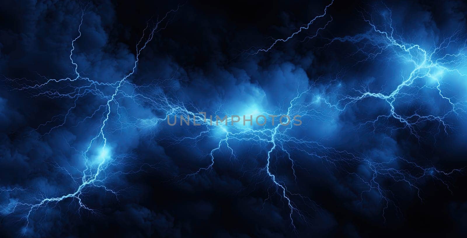 Shiny lightnings composition on the dark background. Abstract energy strike ornament in the thunderstorm. Generated AI