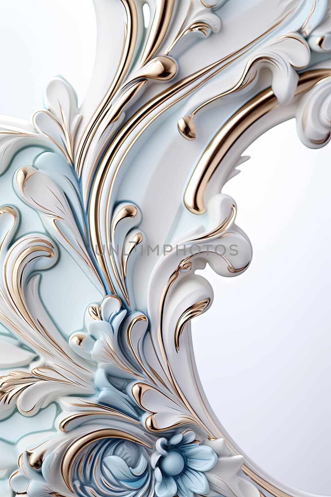 Ornament or element of art nouveau ceramic foliage frame corner. Close up luxury decoration with stylized leaves. Generated AI