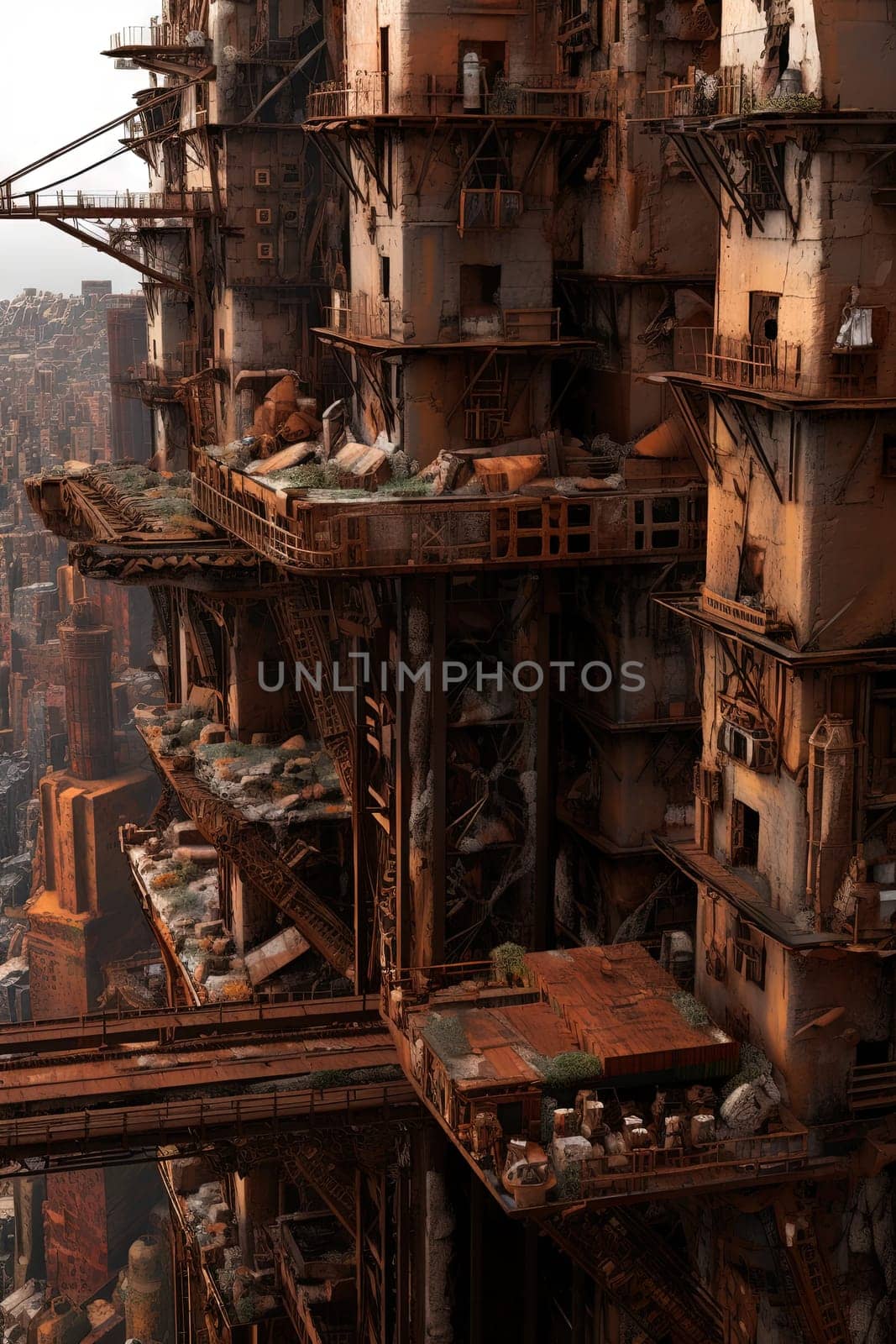 Rusty industrial constructions over decayed city. Post-apocalyptic sci-fi landscape with city ruins. Generated AI