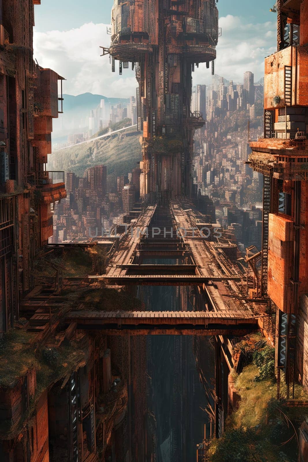 Rusty industrial constructions over decayed city. Post-apocalyptic sci-fi landscape with city ruins. Generated AI