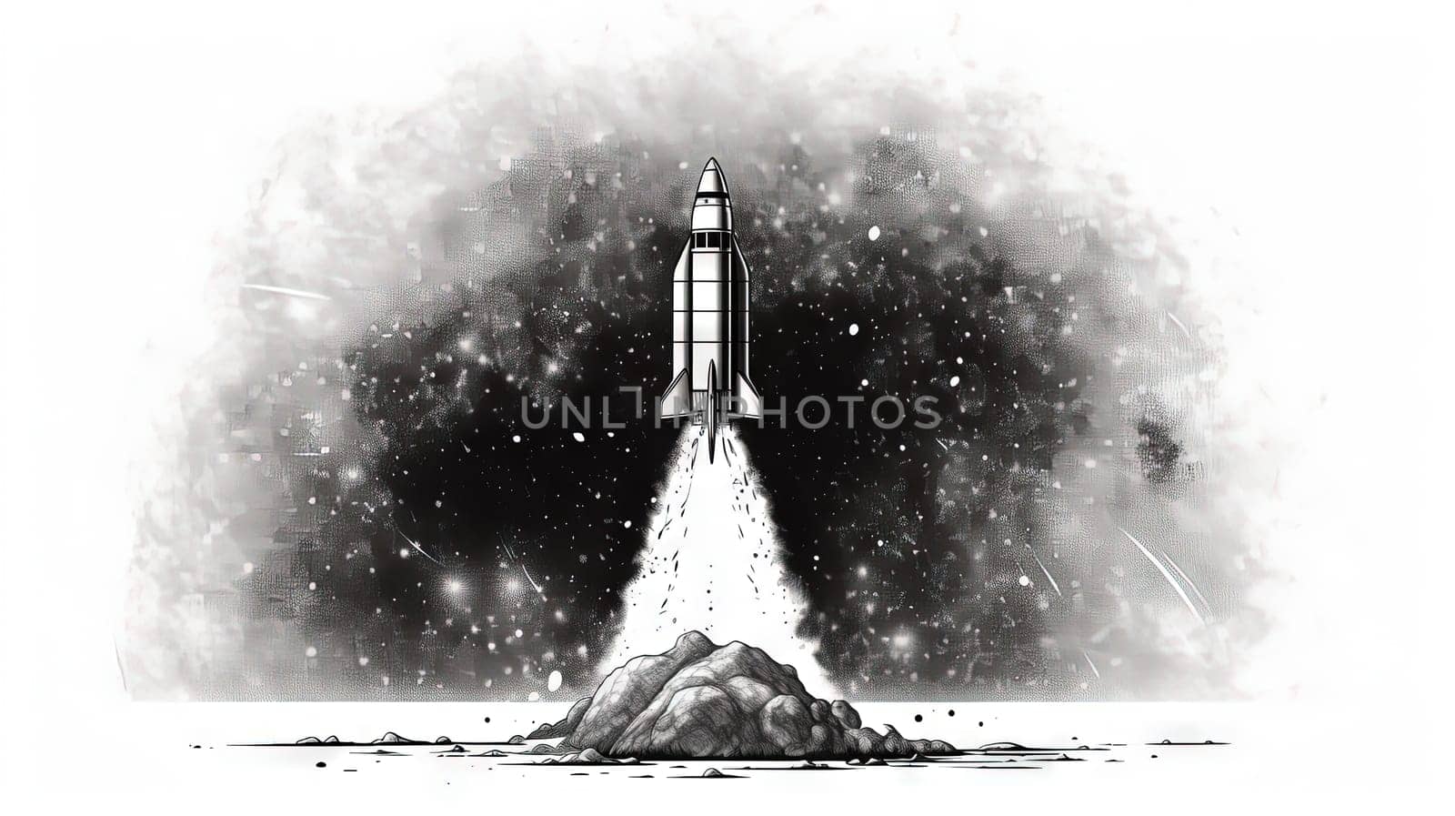Rocket launch scene in retro black and white style. Rocket take off illustration. Generated AI