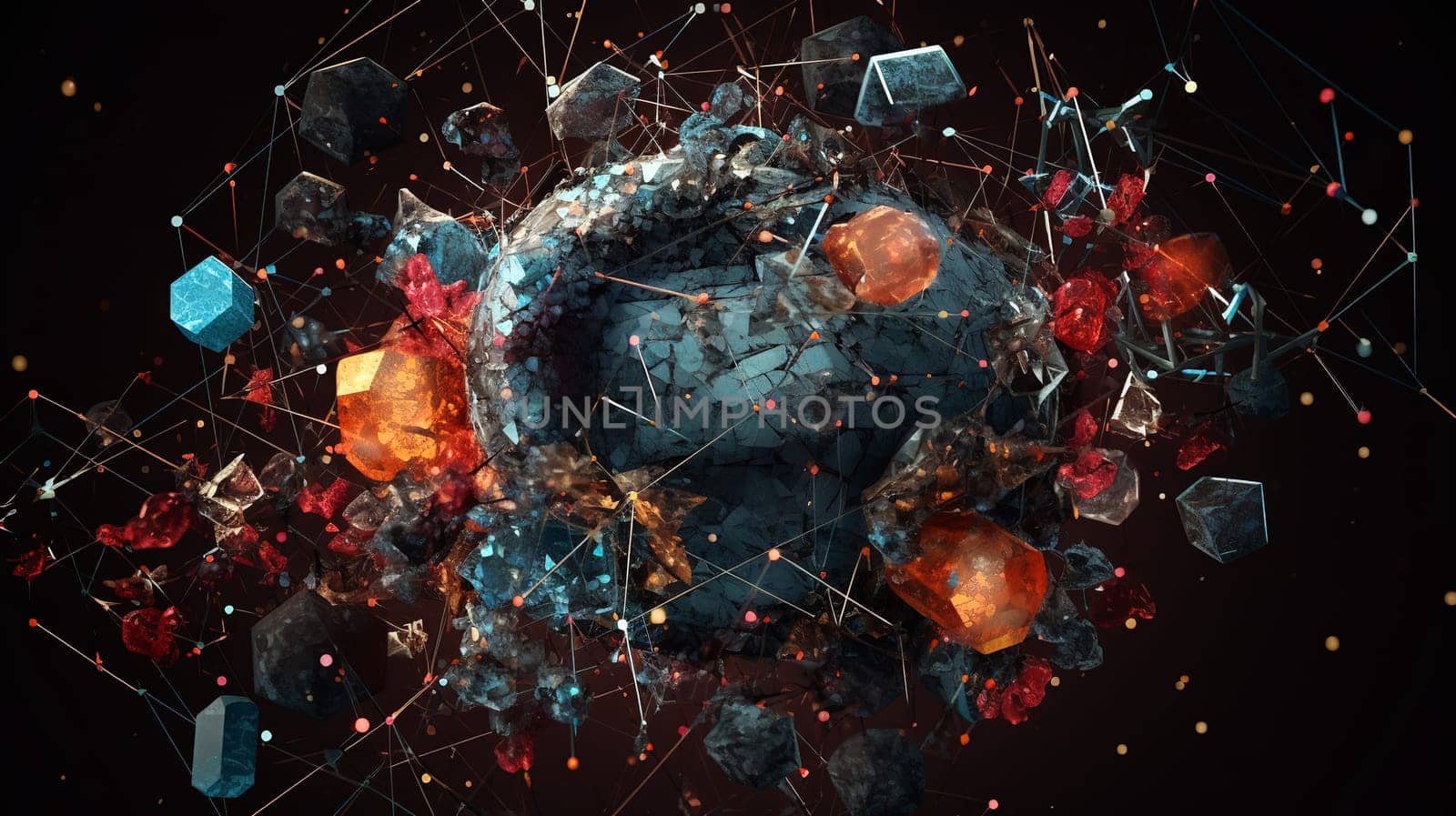 Abstract scientific concept with connected cells and particles. Science microscopic background. Generated AI