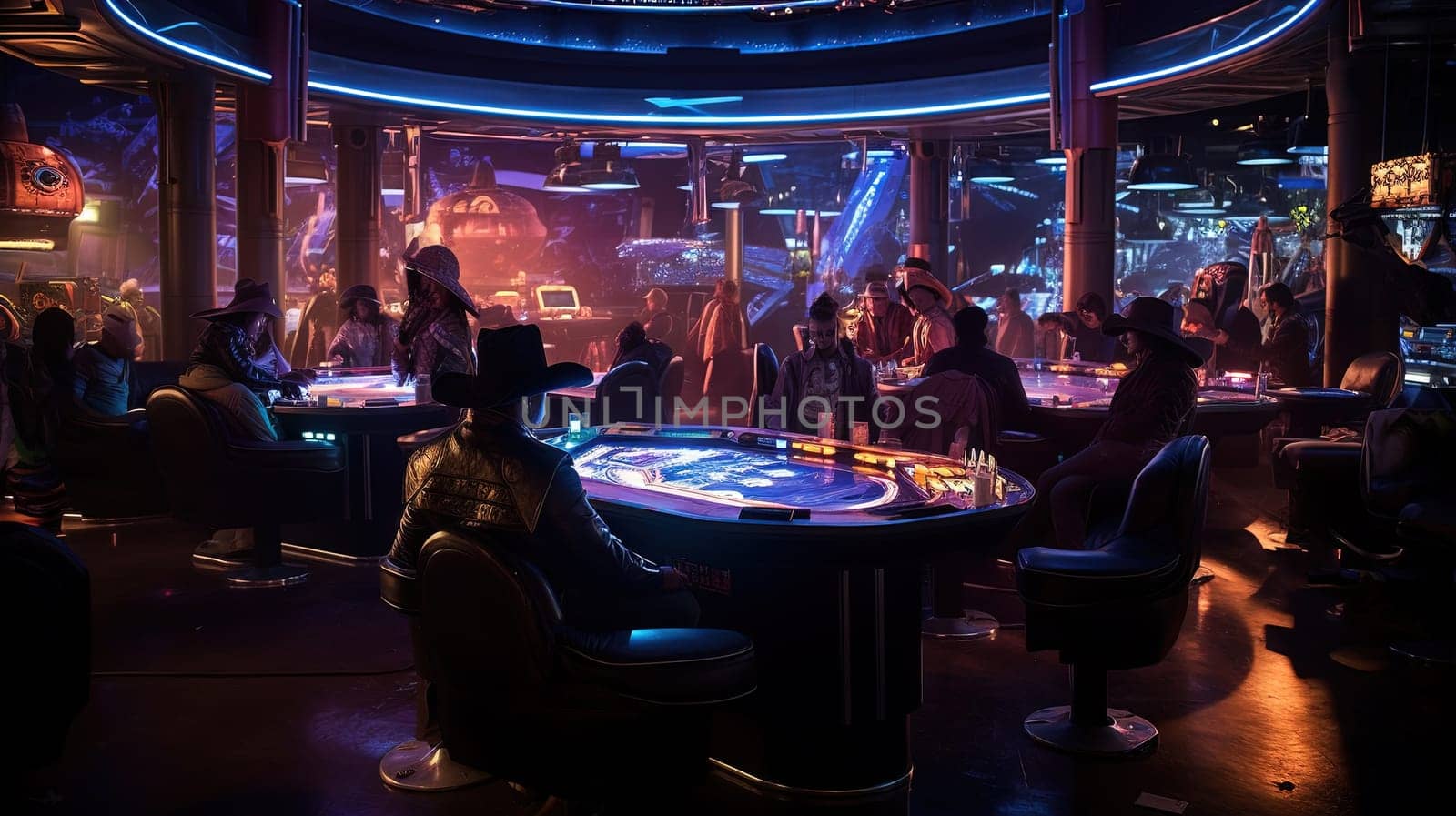 Sci-fi interior of futuristic space bar or saloon with neon cyberpunk decorations. Generated AI