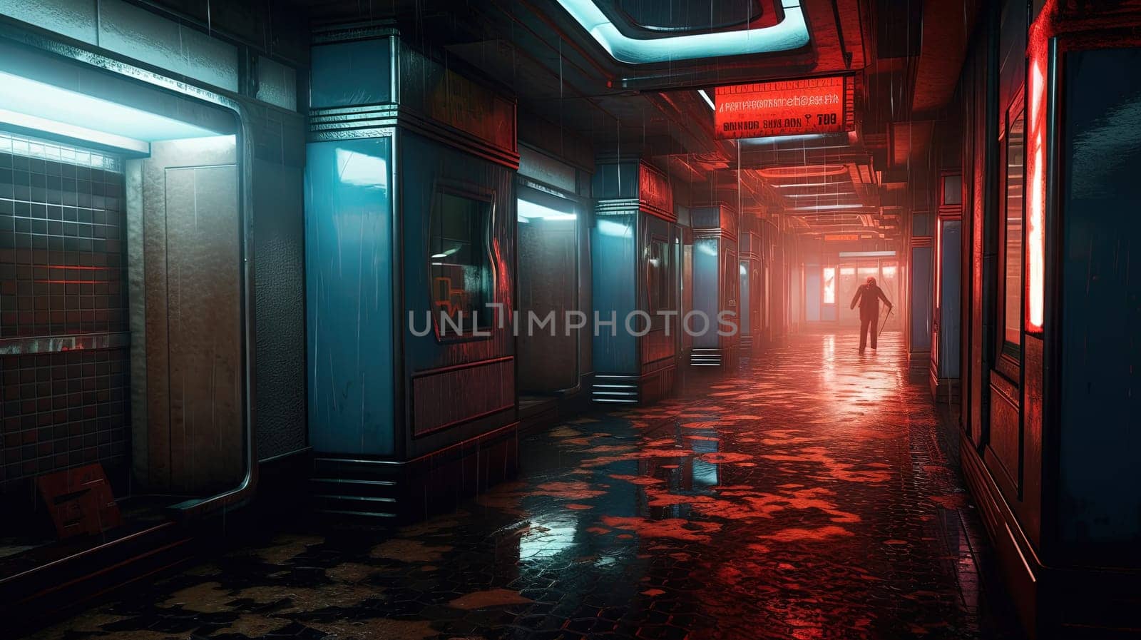 Cyberpunk street with glowing neon ads in sci-fi city. Futuristic cyberpunk street in the neighborhood. Generated AI.