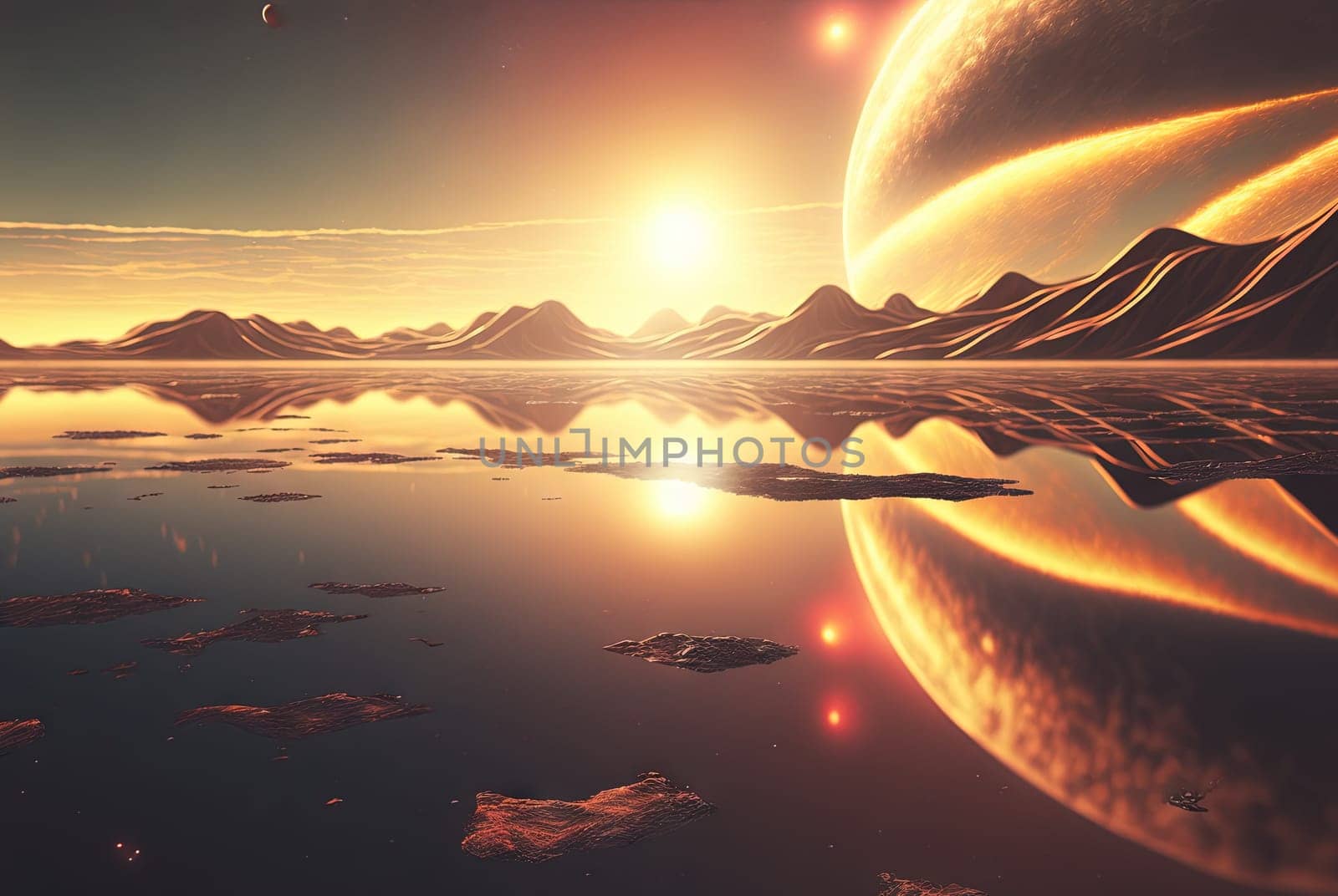 Alien sci-fi landscape with mountains on the sunrise. Science fiction scene of a distant planet. Generated AI