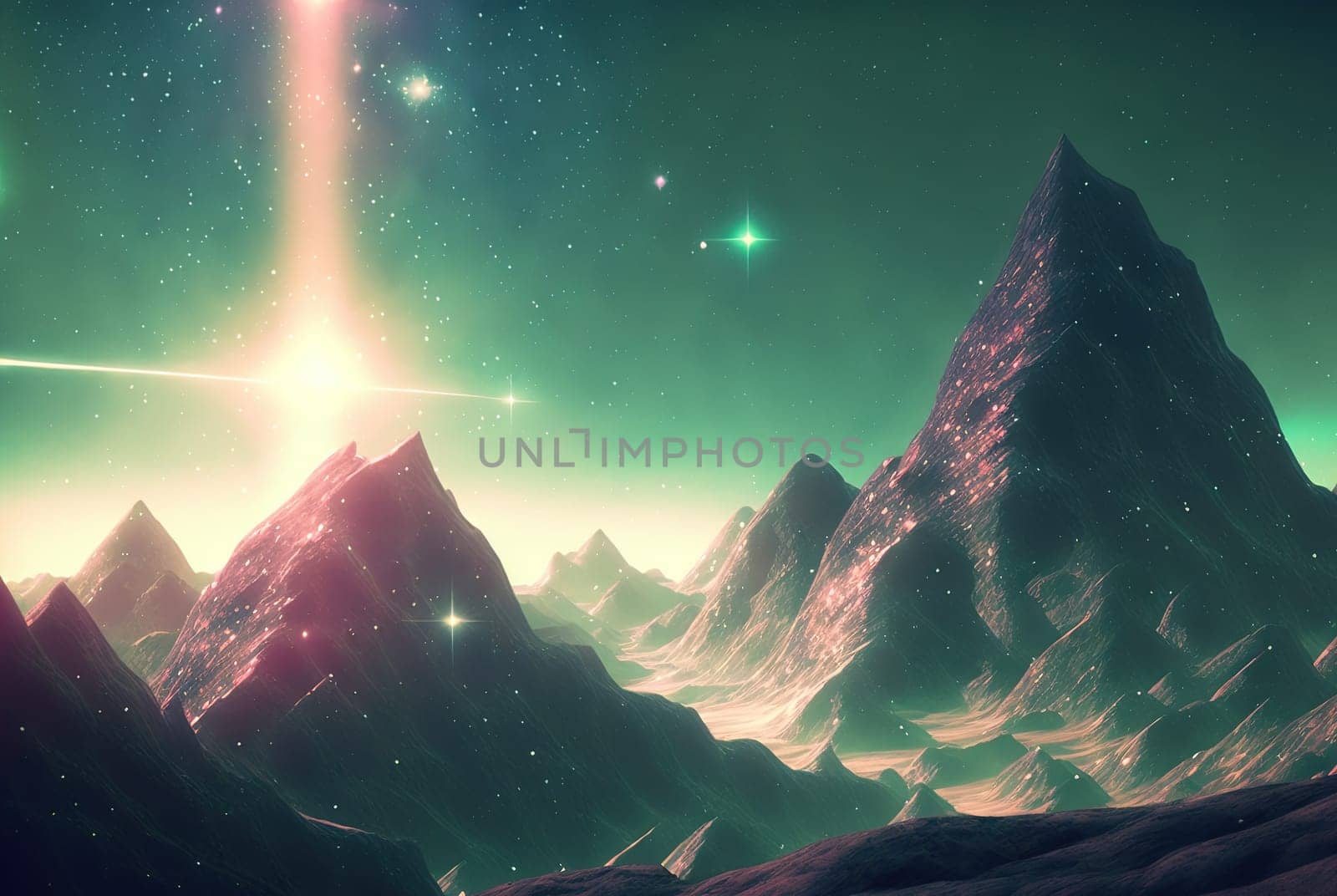 Alien sci-fi landscape with mountains on the sunrise. Science fiction scene of a distant planet. Generated AI