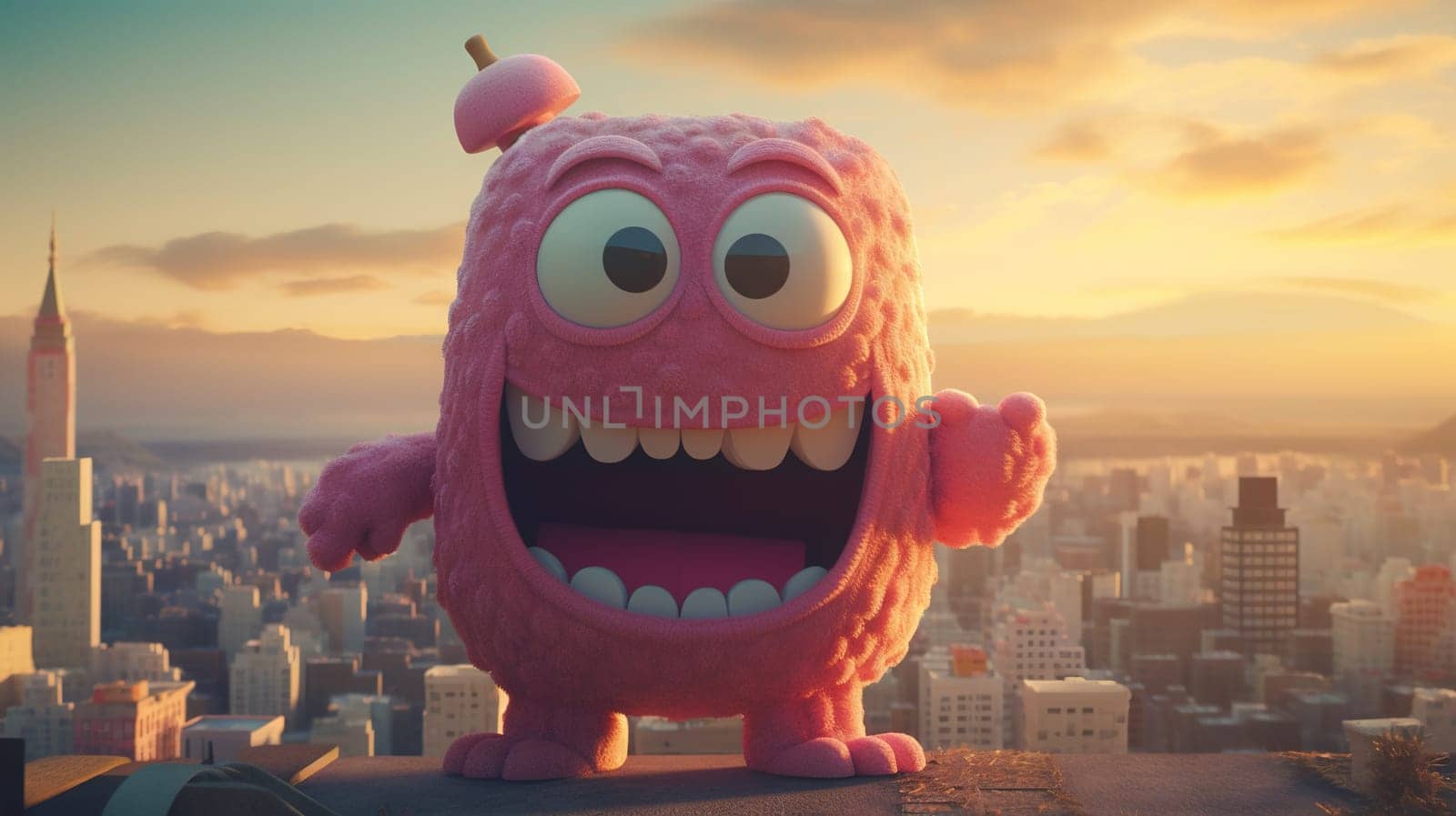 Giant funny and cute monster over the city. Spooky fairytale concept with excited creature. Generated AI