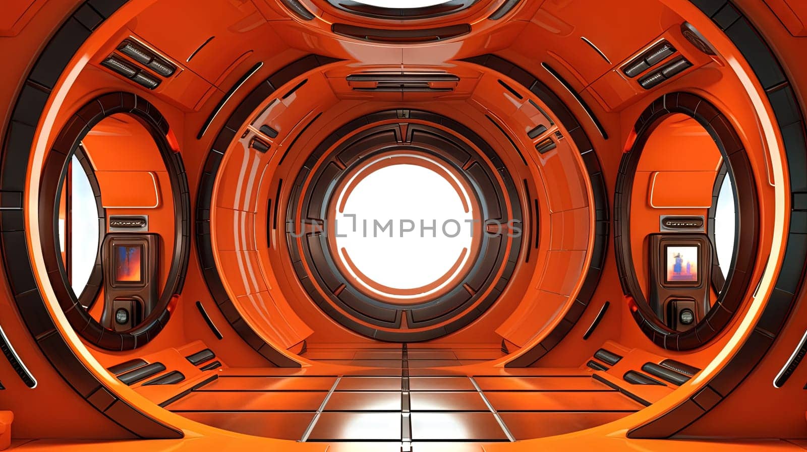 Spaceship or lab interior in retro futuristic sci-fi style with round doors. Generated AI