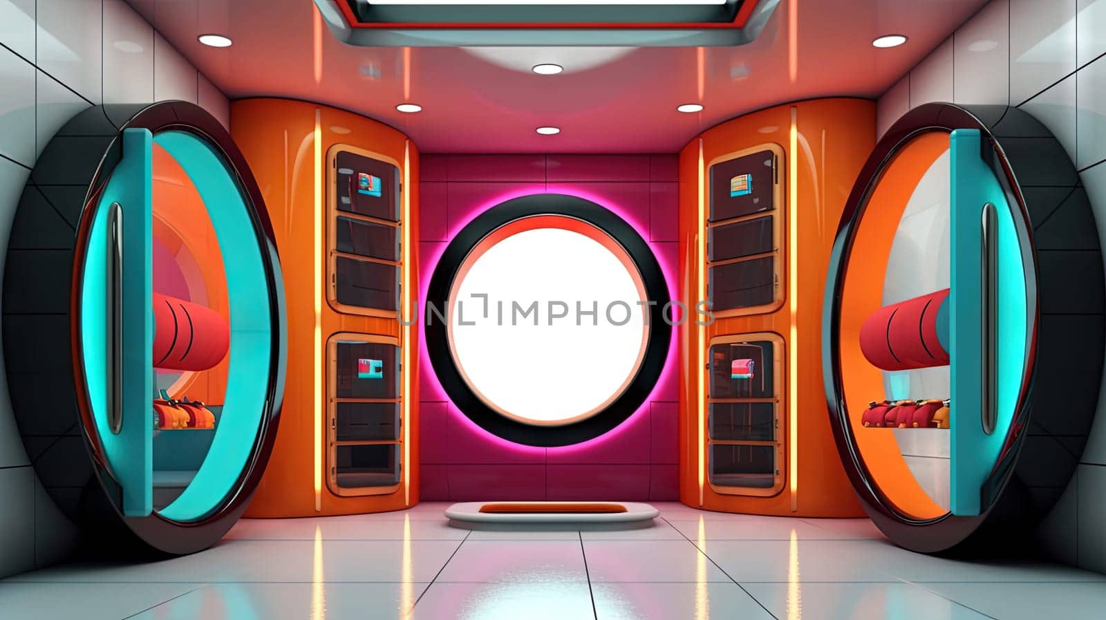 Spaceship or lab interior in retro futuristic sci-fi style with round doors. Generated AI