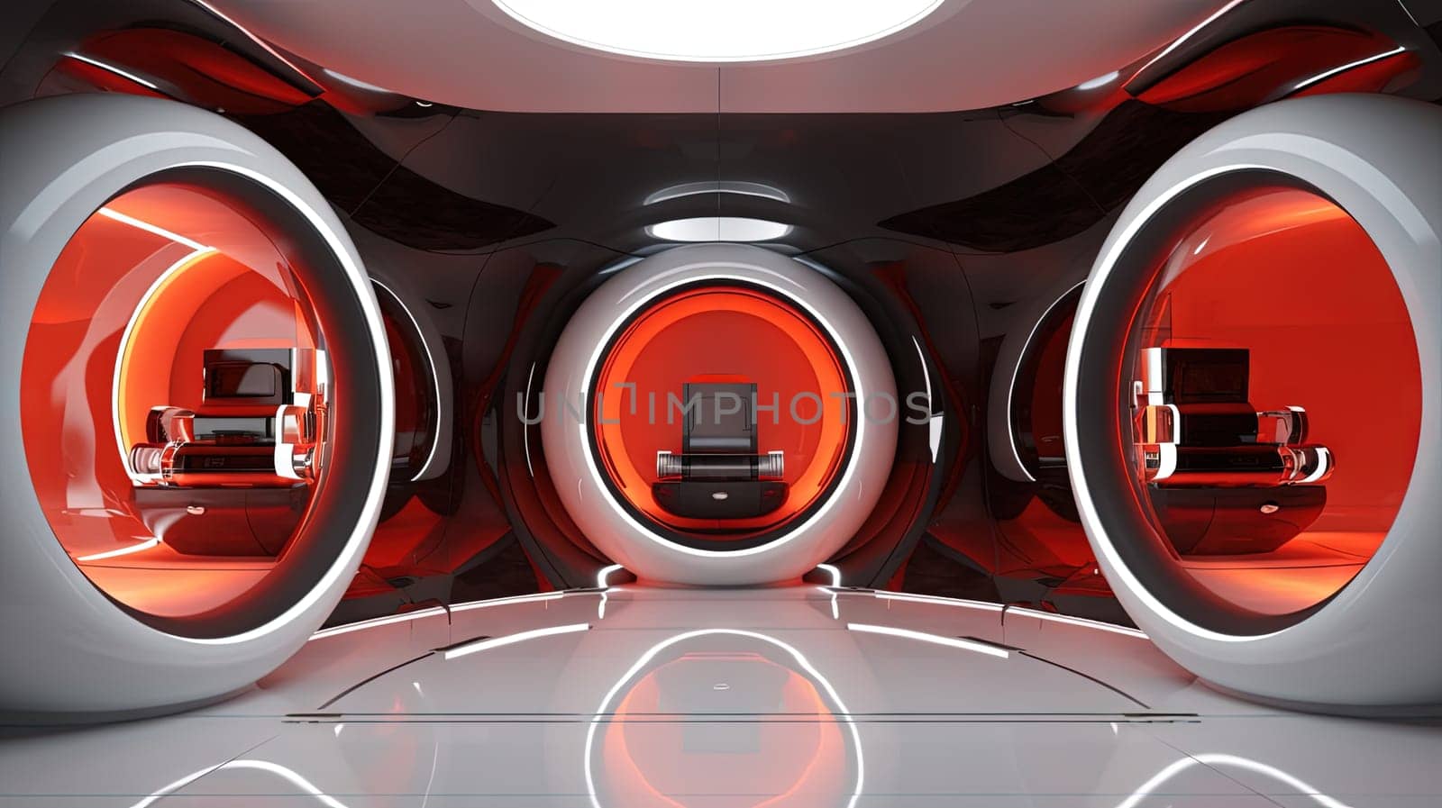 Spaceship or lab interior in retro futuristic sci-fi style with round doors. Generated AI