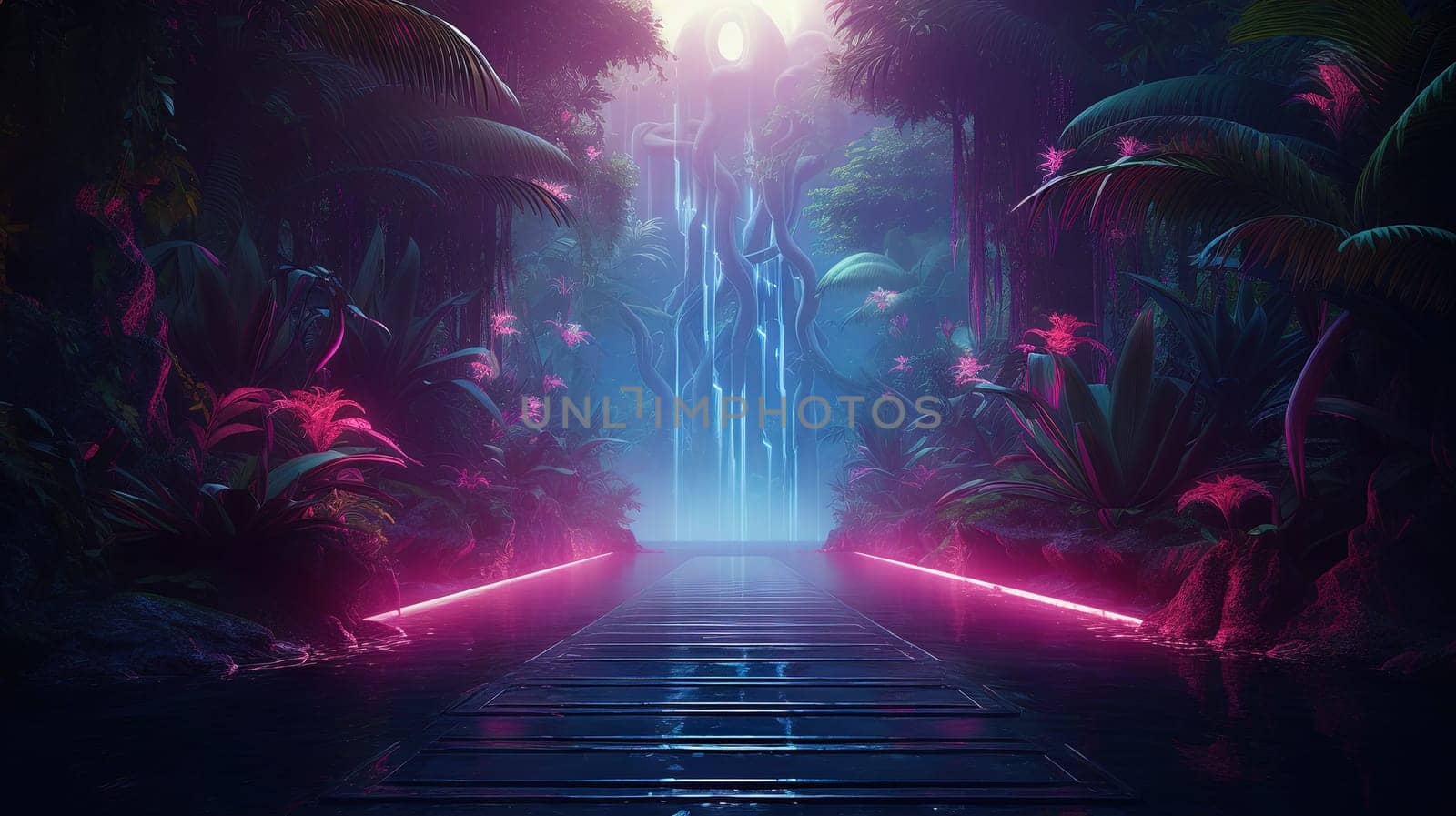 Magic forest with blue and purple neon colors and glowing. Mysterious pathway in the jungle. Generated AI