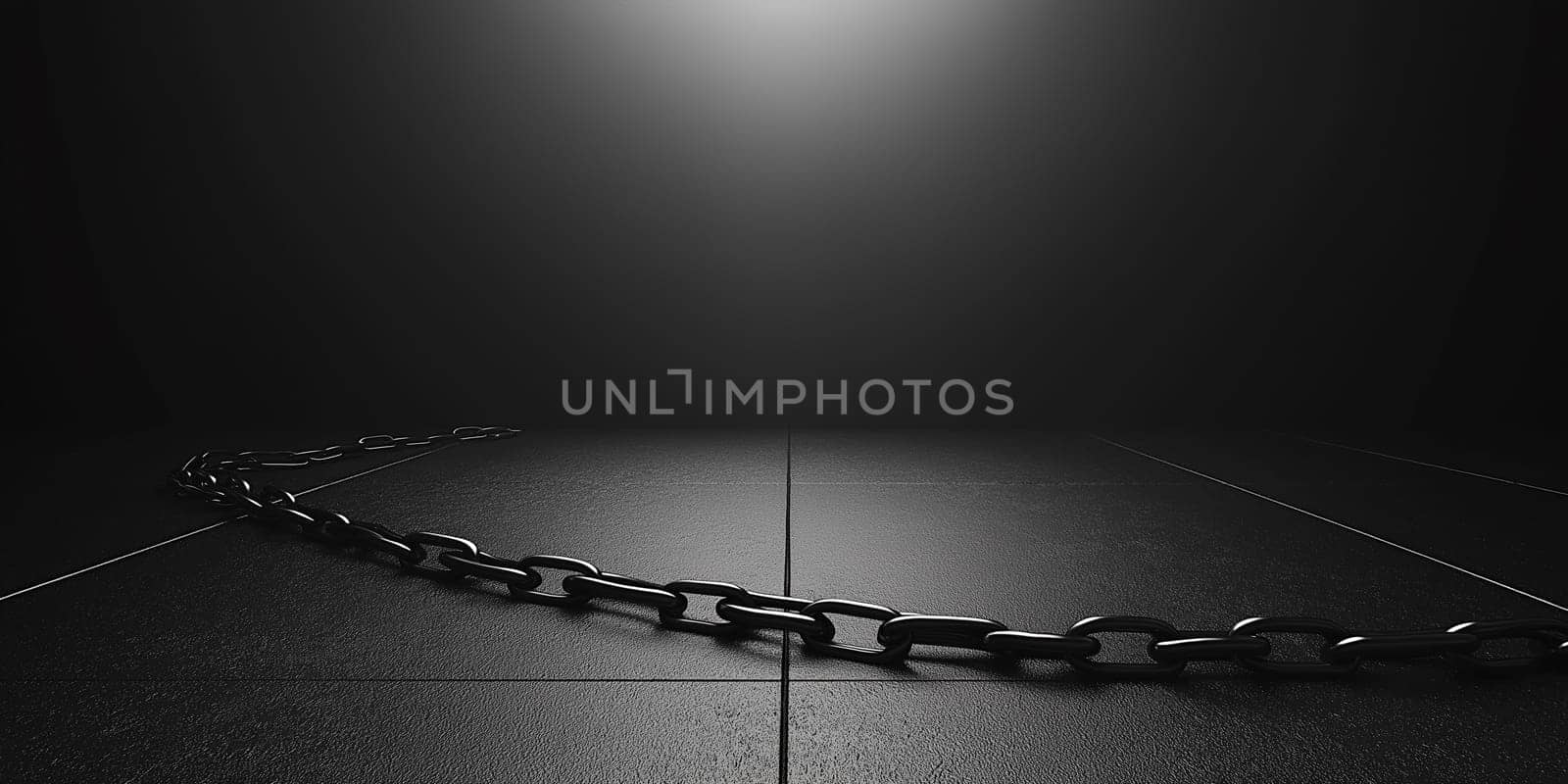 A long, heavy chain stretches across a dark, tiled floor. No one is visible, but the image evokes a sense of confinement or restriction.