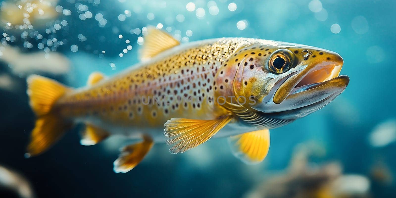 A trout swims in an aquarium. Its vibrant colors and speckled pattern are highlighted by the water's clarity. The fish's movement and the aquatic environment are captured in a close-up shot.