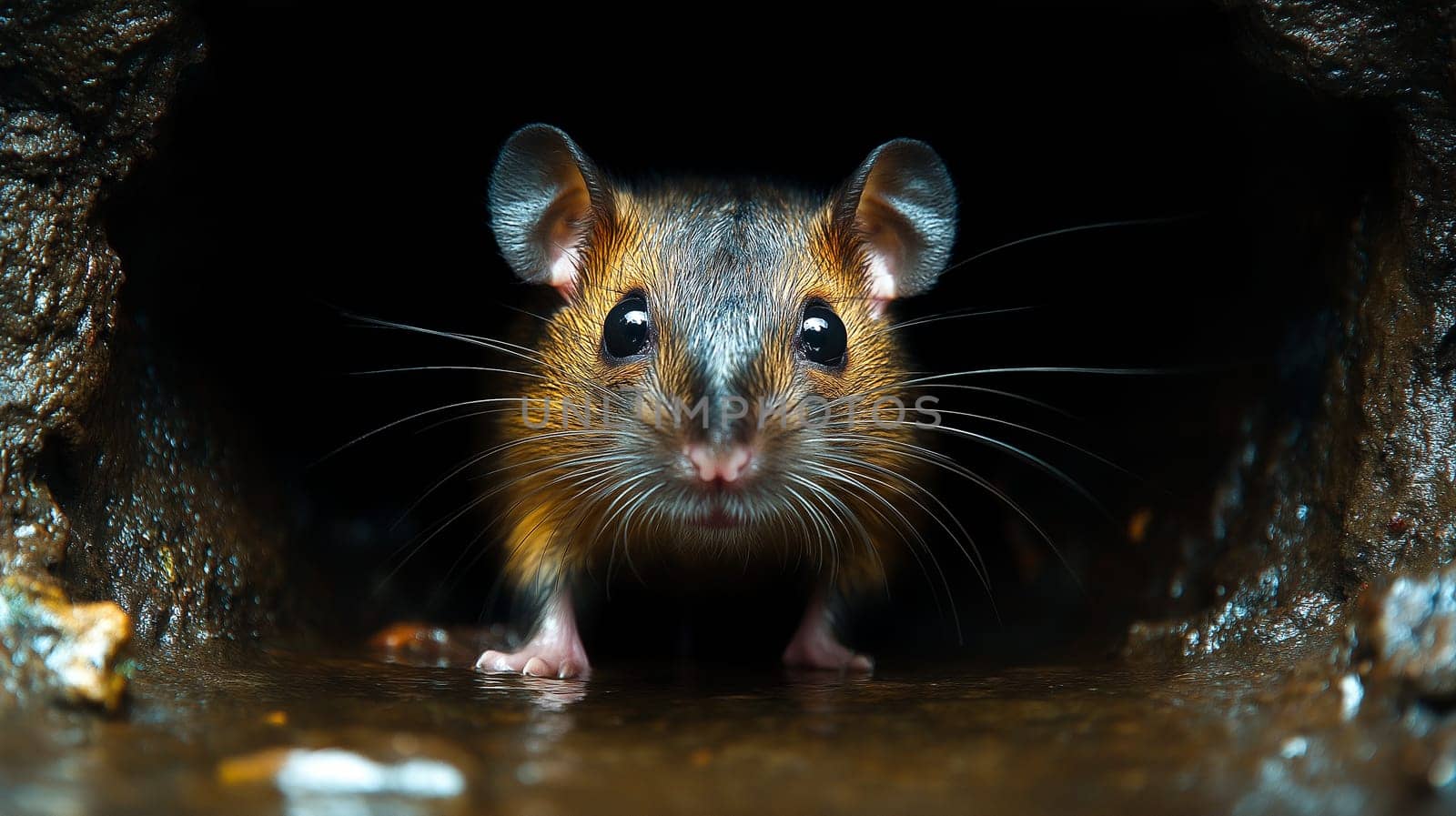 A small rodent, likely a mouse, peers out of a dark, damp burrow. Its curious gaze suggests exploration or perhaps a search for food. The water in the burrow adds to the mystery and the dark environment.