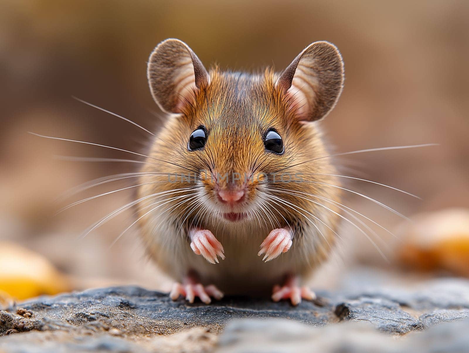 Cute little mouse, perched on a rock, exploring its surroundings. A close-up view of a small rodent.