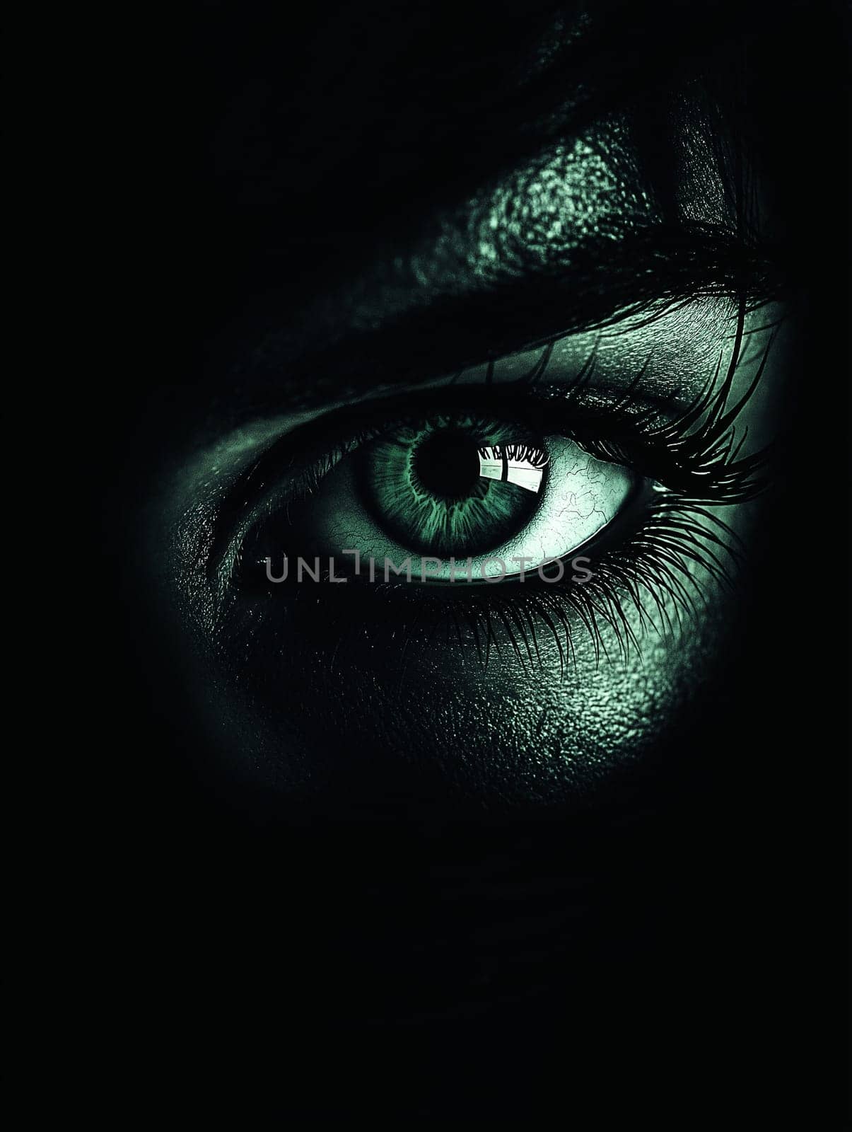 Close-up of an eye, emerald green, intense and watchful. The darkness surrounding it suggests mystery and hidden intent.