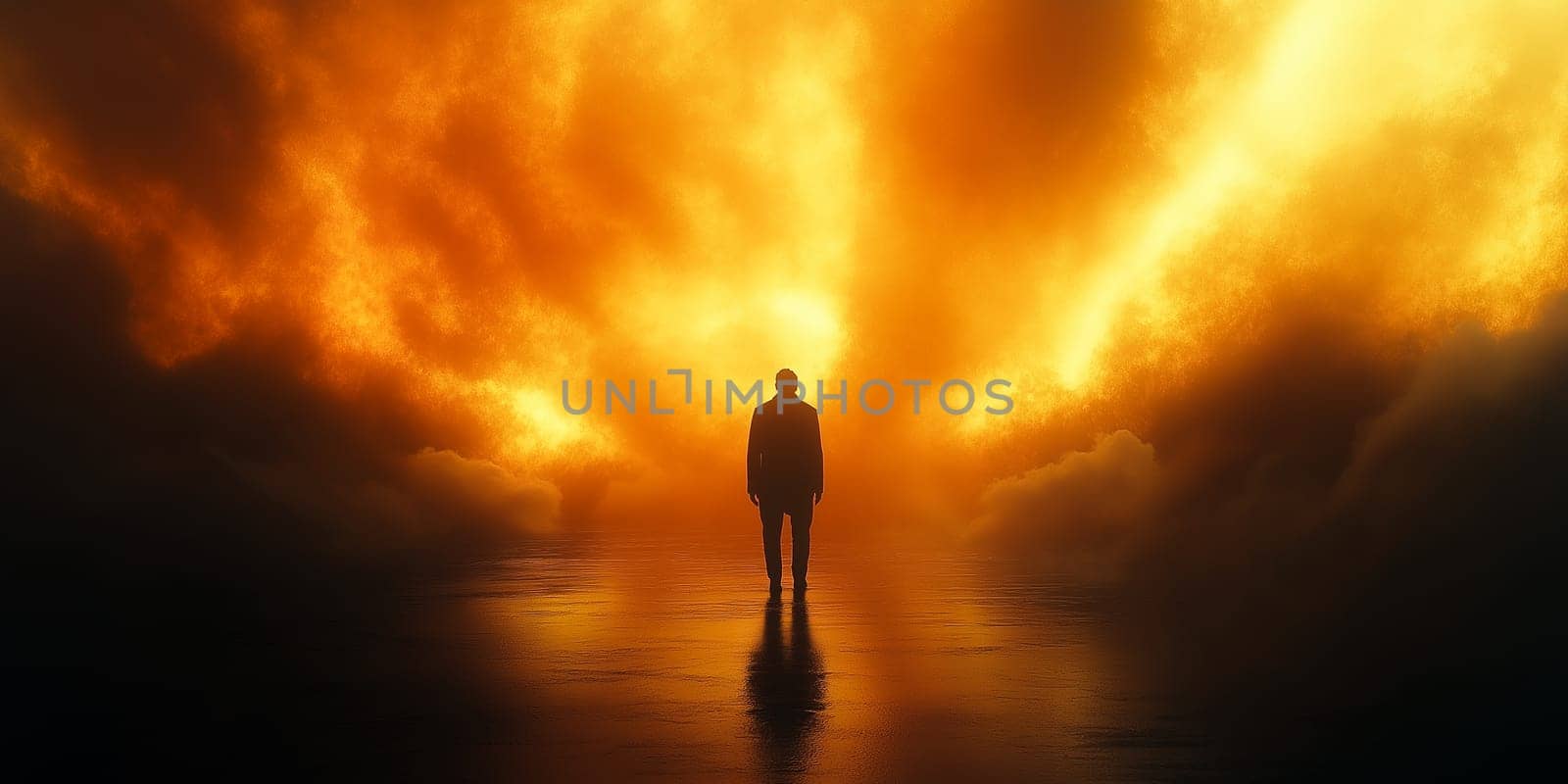 A lone figure stands on a reflective surface, facing a fiery, apocalyptic sky. The intense orange glow suggests a dramatic, perhaps existential, moment.