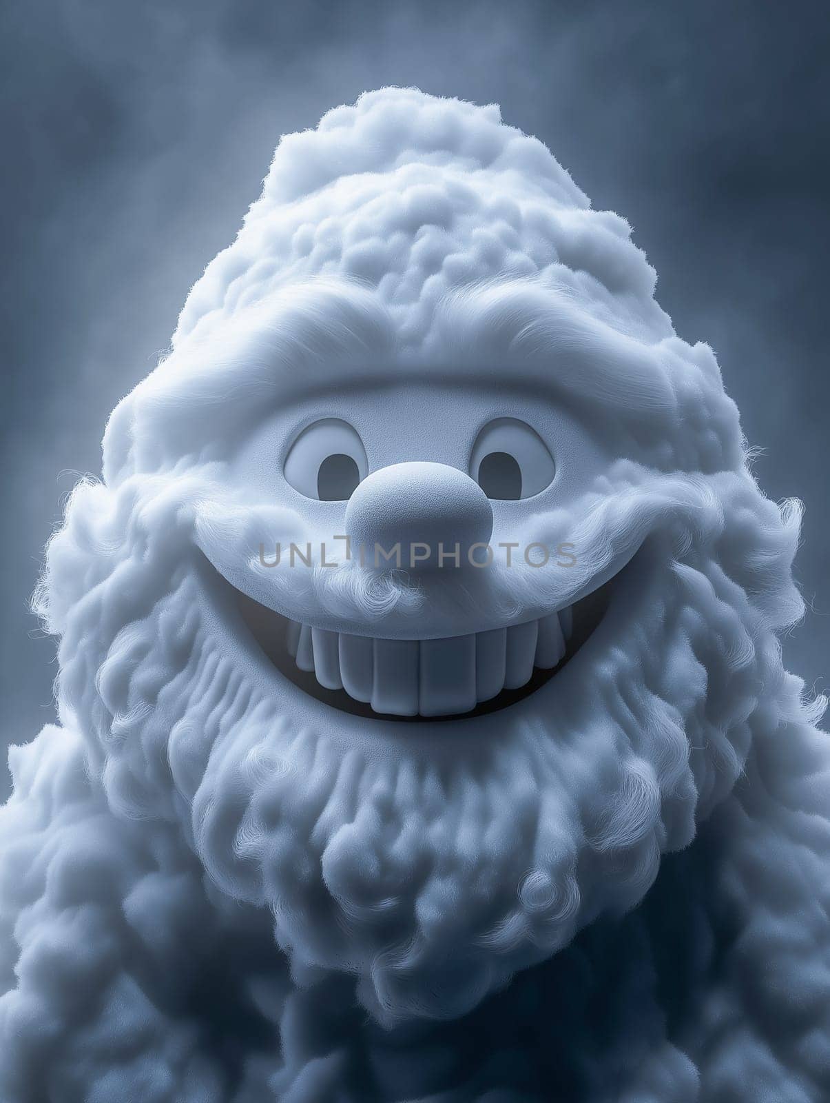 A fluffy, cartoonish snowman smiles. Its joyful expression is the focus.