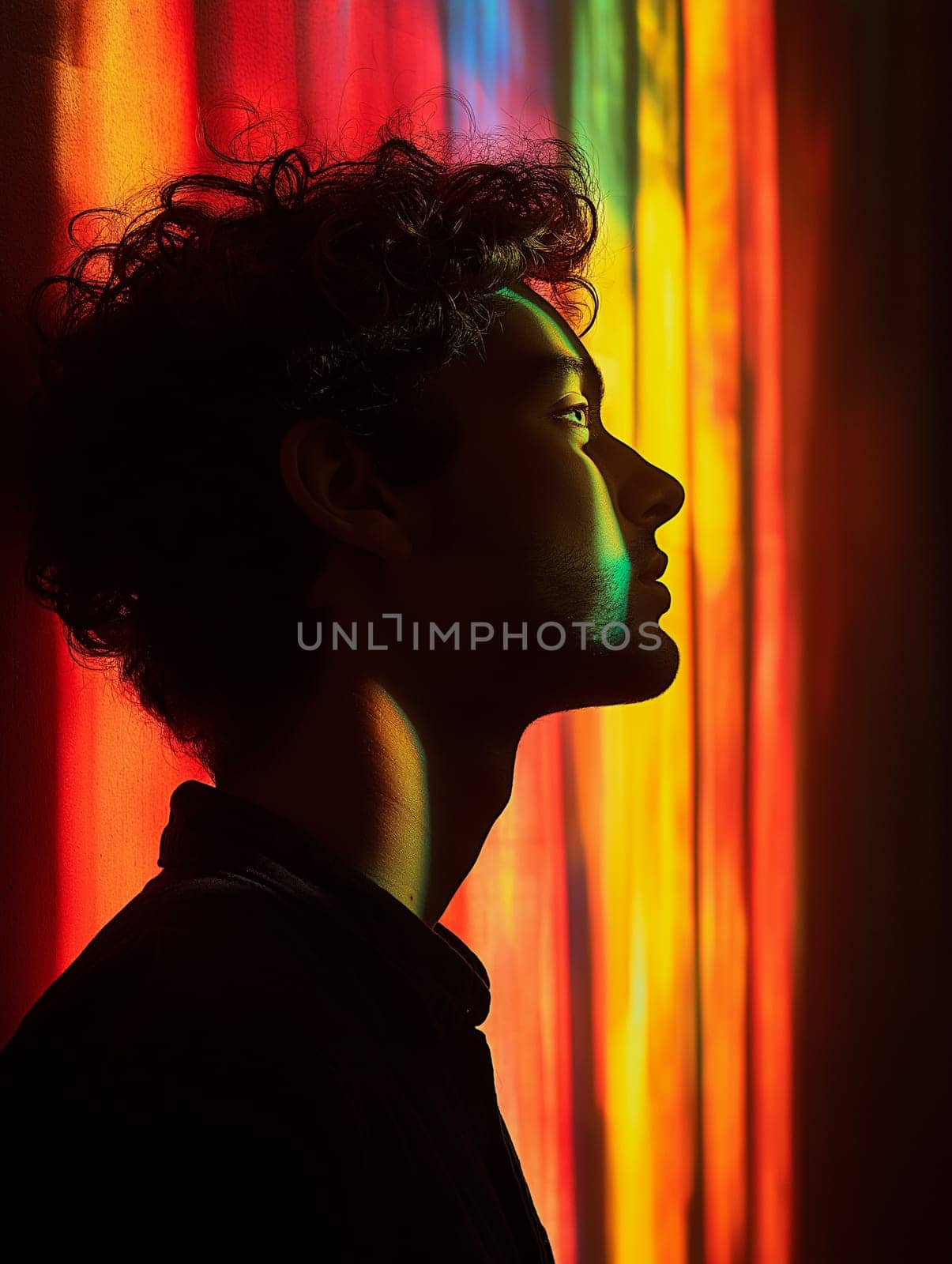 A young man, profile view, gazes thoughtfully. Colorful light casts a dramatic silhouette, highlighting his expression. The vibrant hues create a striking contrast.