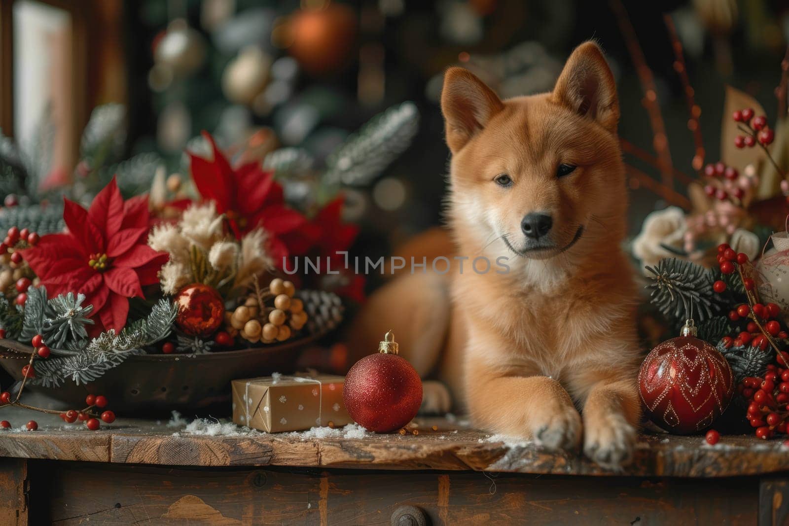 A charming and adorable Shiba Inu surrounded by vibrant festive decorations, perfect for holidaythemed content