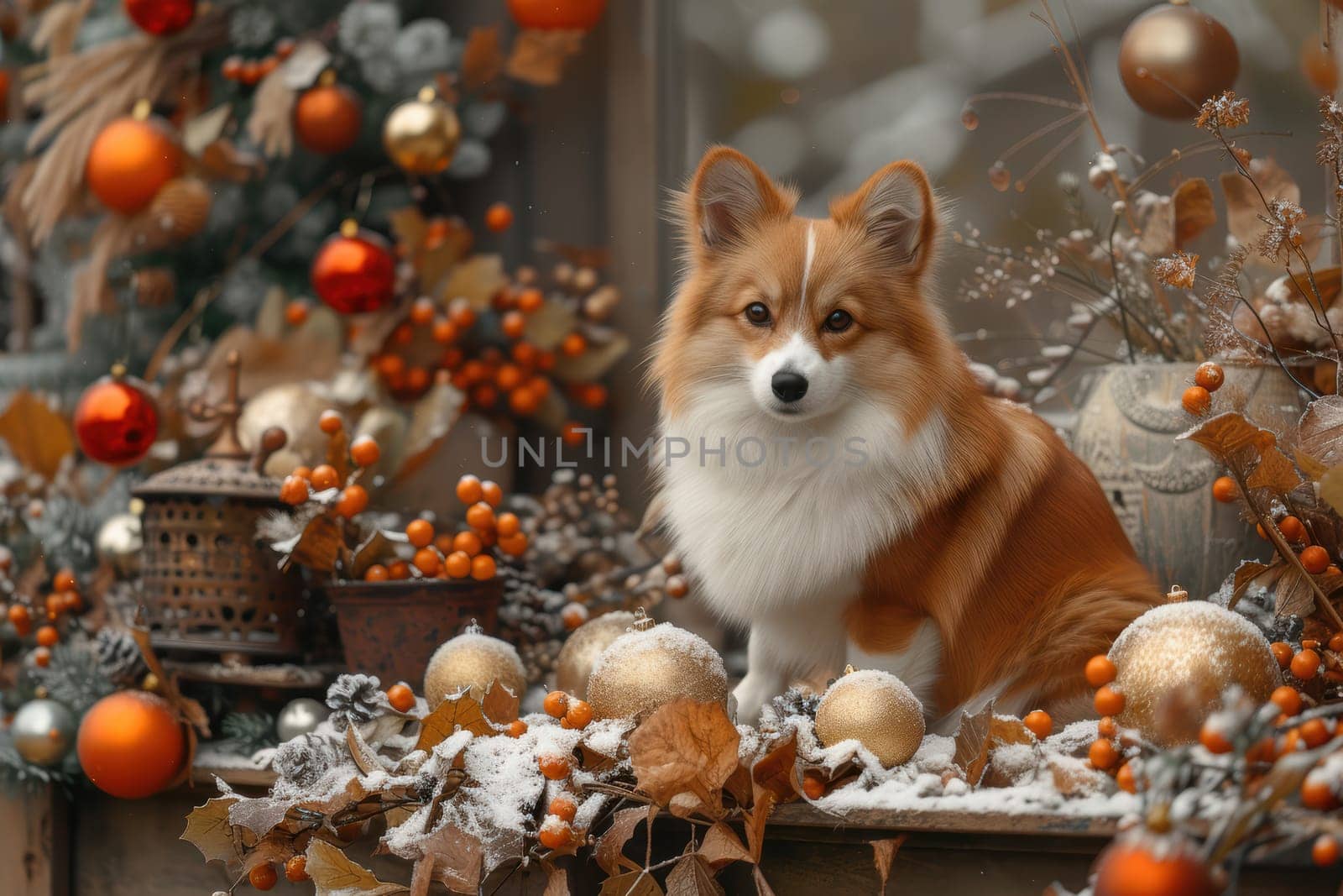 A charming corgi plays among festive decor in a picturesque winter setting, capturing the joyful holiday spirit