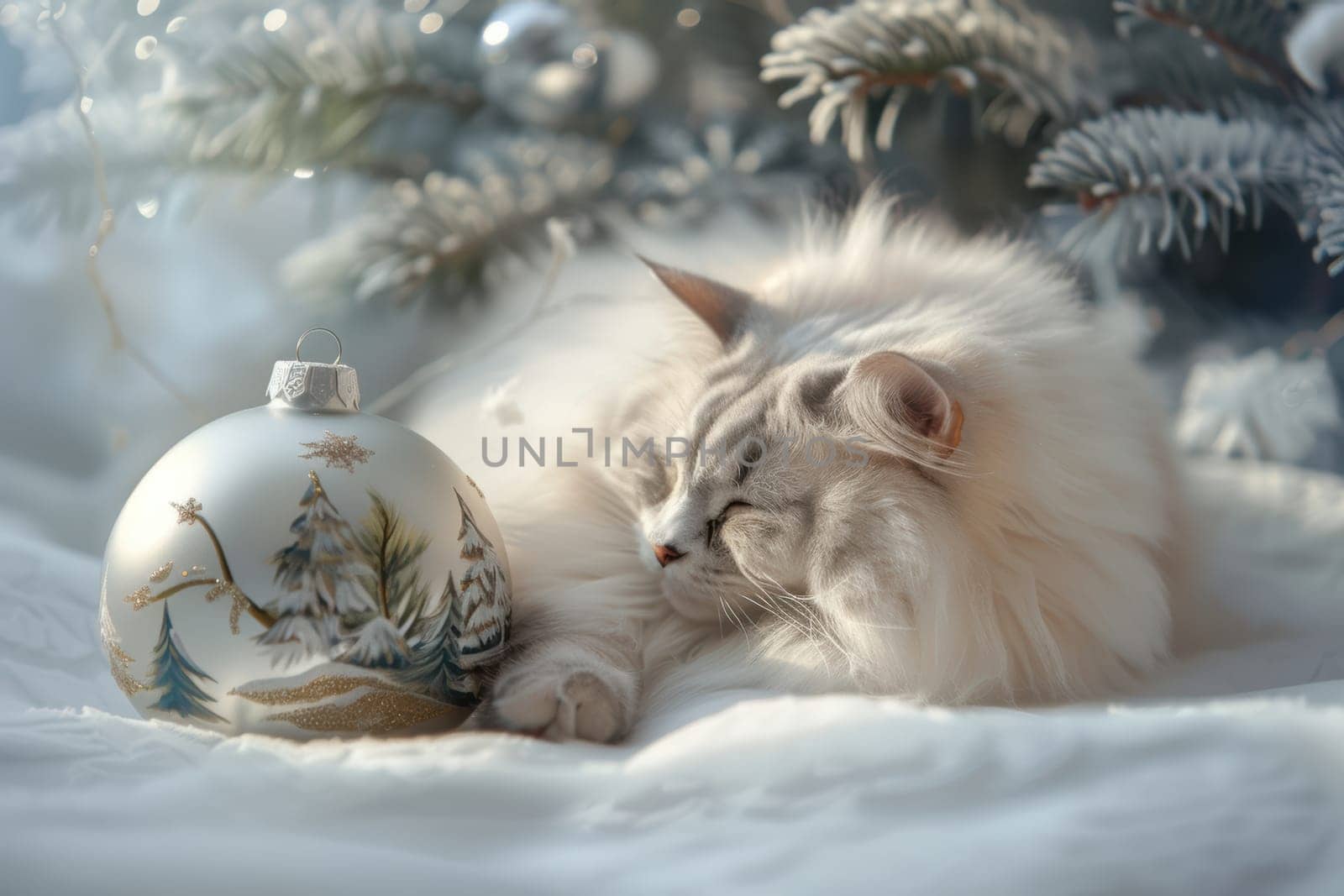 A fluffy cat peacefully resting beside a beautiful Christmas ornament, capturing the spirit of winter.