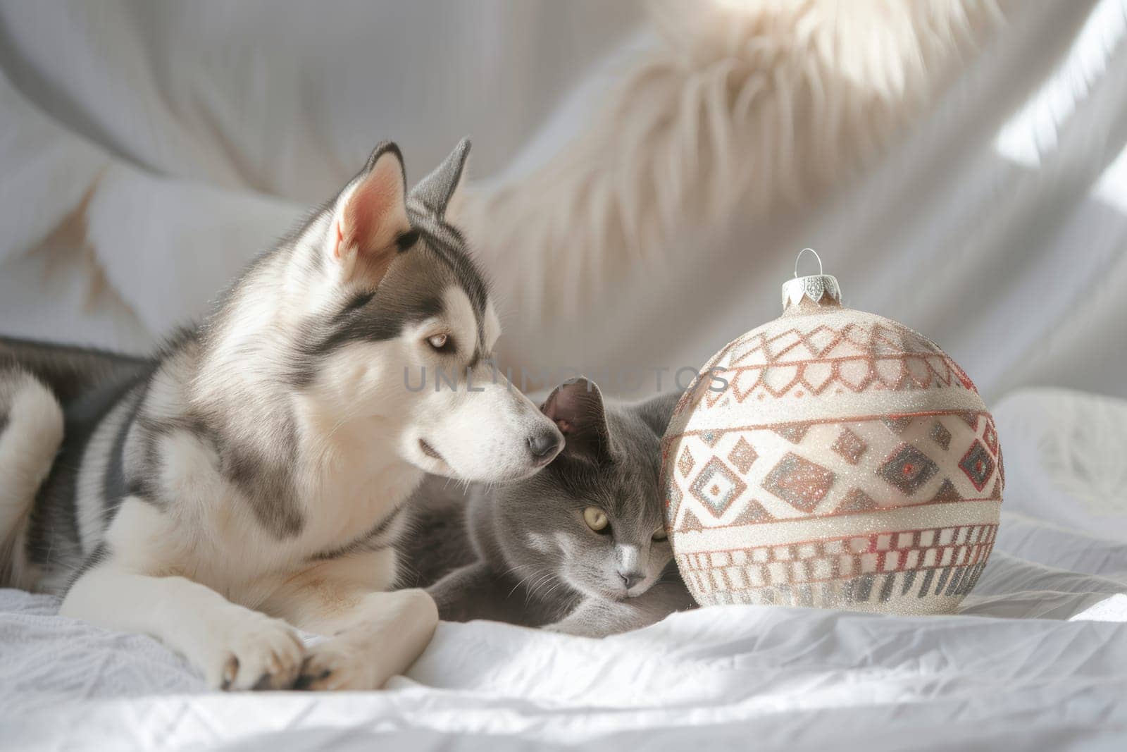 A Siberian husky and an adorable black cat lie peacefully beside a decorative ornament placed on a soft blanket