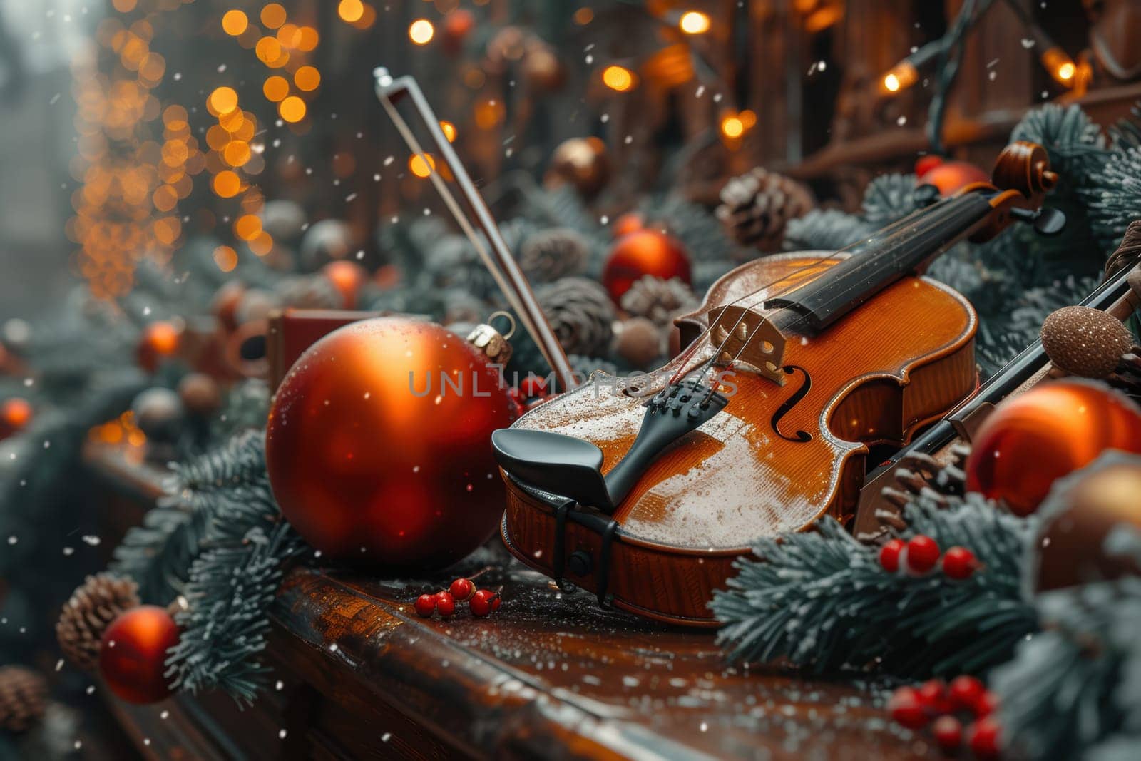 A stunning violin gracefully placed among holiday decorations and gentle snowfall, ideal for seasonal themes