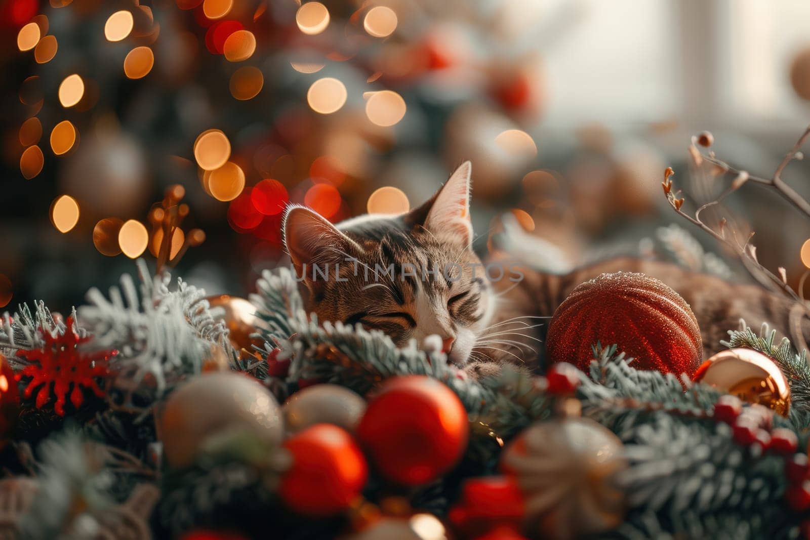 A cute cat relaxes peacefully among Christmas decorations and bright lights, embodying holiday warmth and joy