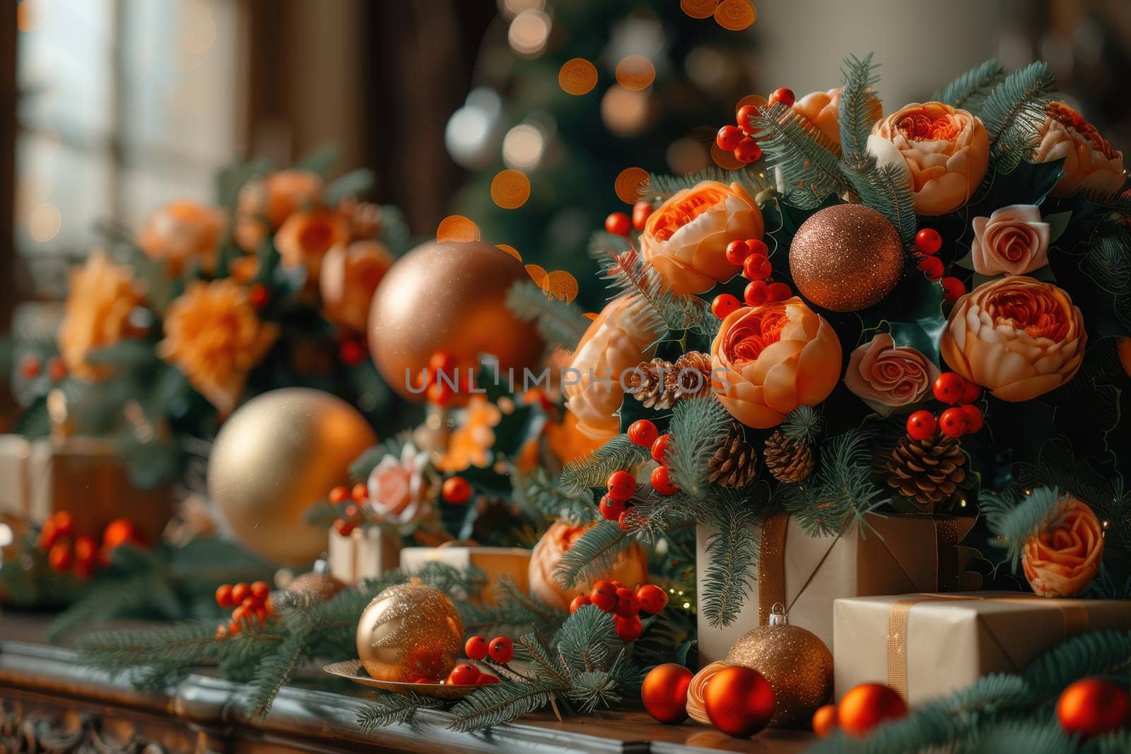 Festive floral centerpiece with seasonal colors, ornaments, and gift boxes for a warm holiday setting.