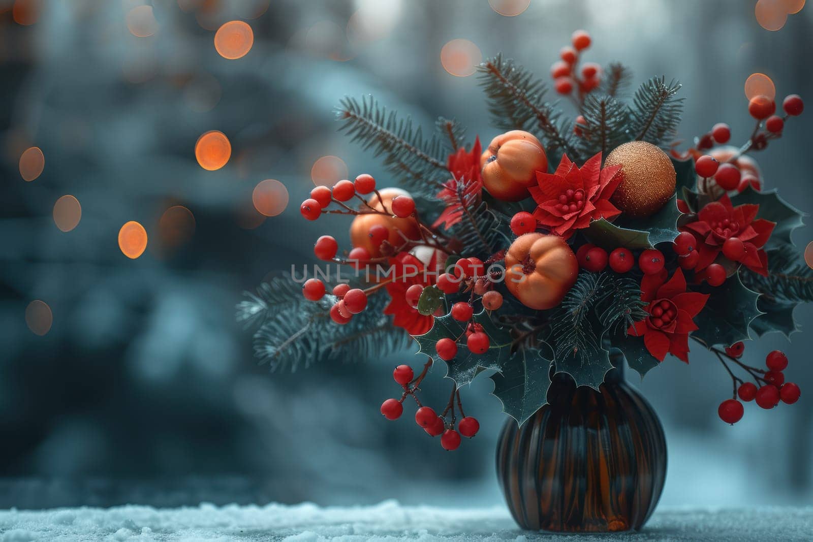 A stunning and beautiful bouquet featuring vibrant red flowers alongside decorative ornaments, ideal for holiday decor