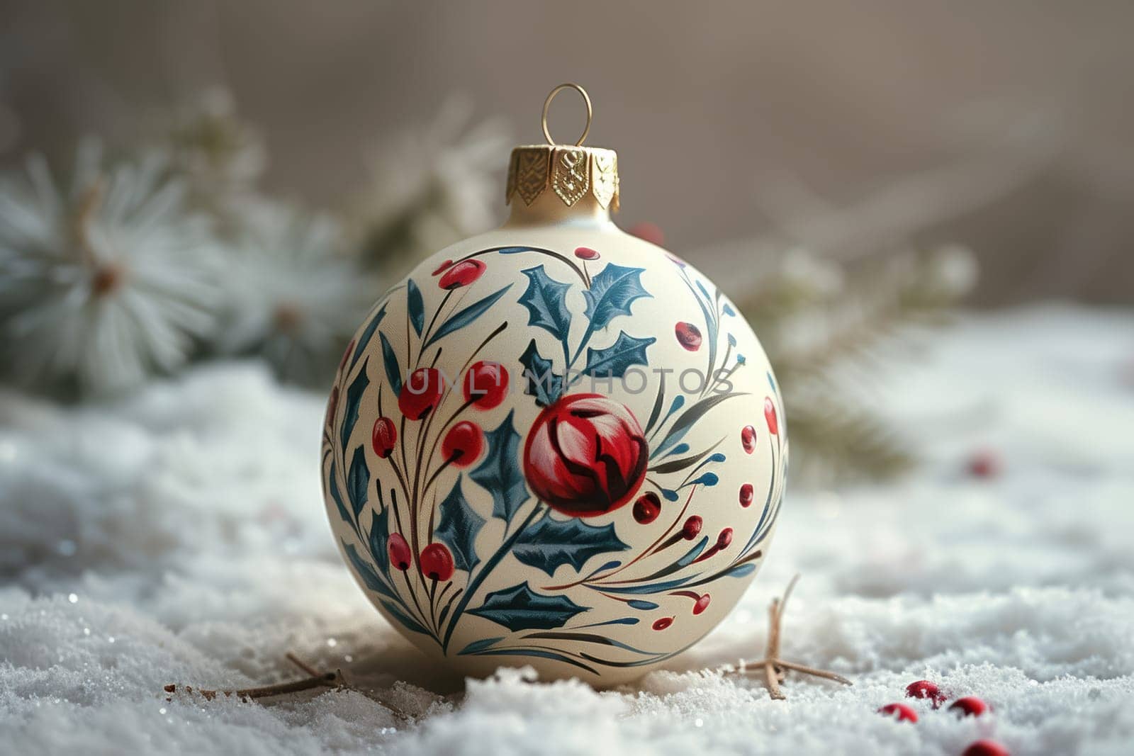 This beautiful handpainted Christmas ornament showcases lovely holly and bright red berries against a snowy backdrop
