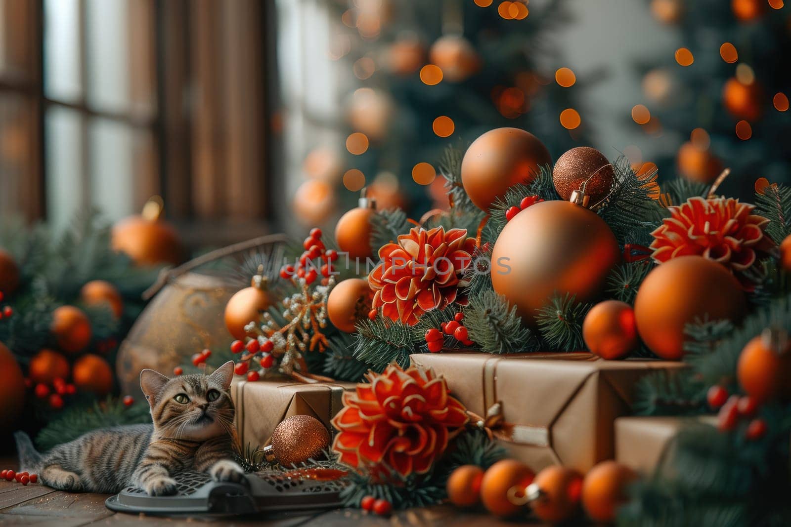 A cozy Christmas scene adorned with vibrant ornaments, flowers, and presents, inviting joy and celebration