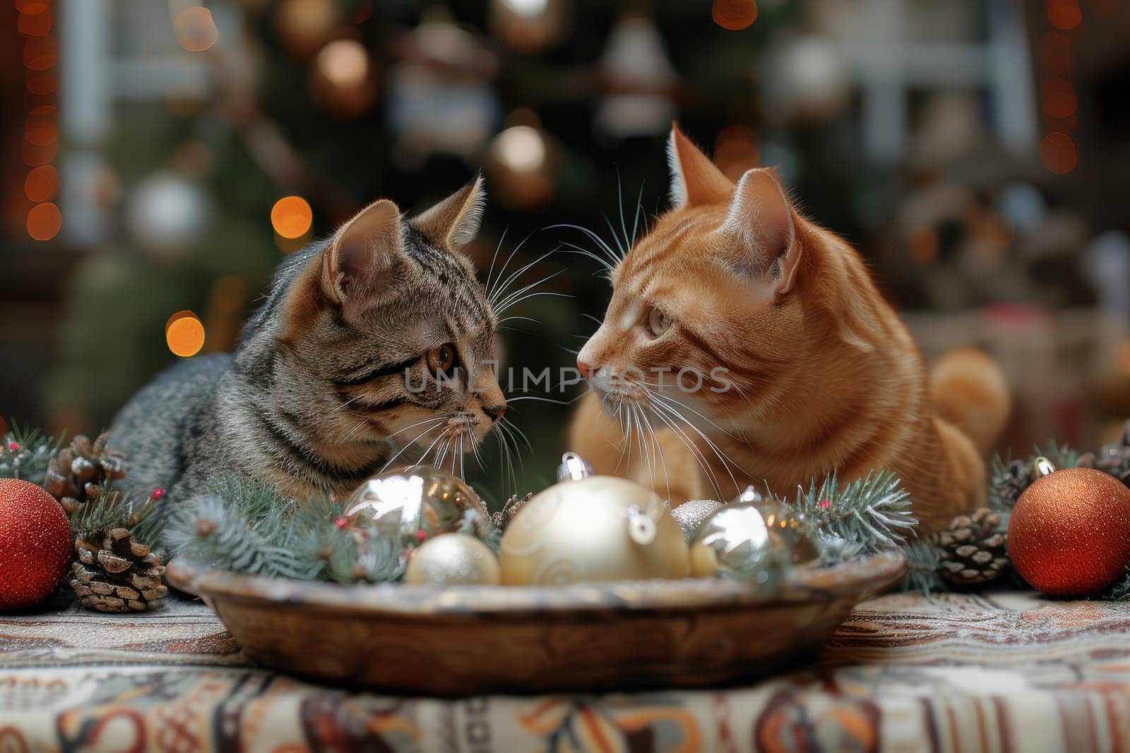 Two adorable cats are happily enjoying a colorful festive setting filled with ornaments and a warm holiday ambiance