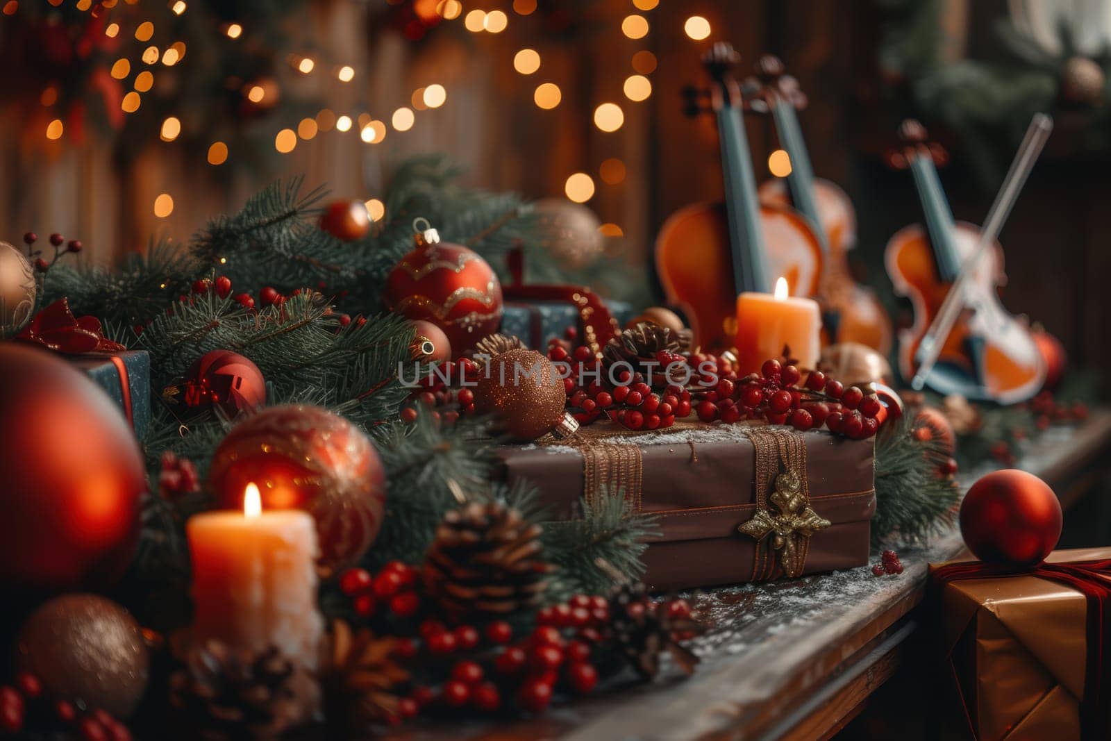 A warm and cozy holiday scene beautifully featuring soft candles, vibrant ornaments, and lush festive greenery