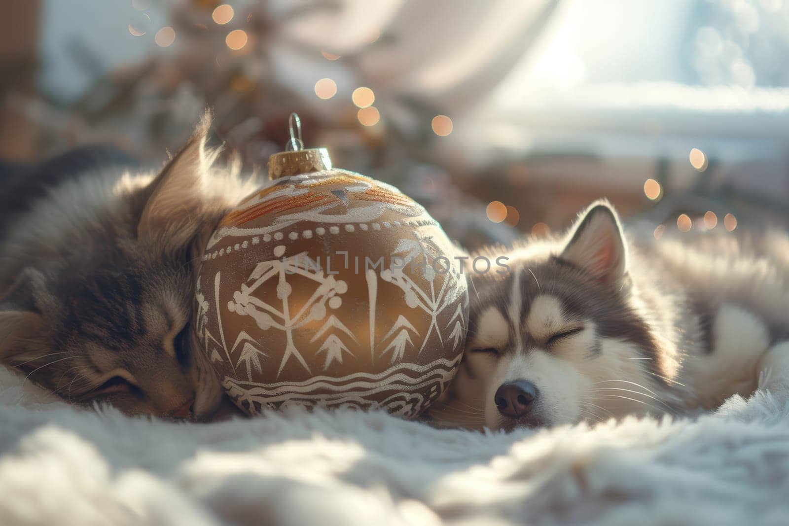 Two adorable and fluffy pets are resting peacefully near a festive Christmas ornament in a cozy home setting