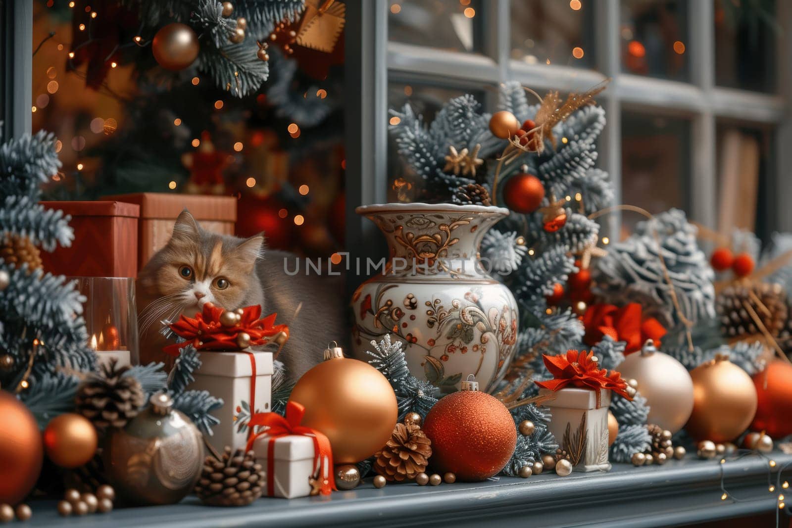 A festive window display features Christmas ornaments and a charming cat among the holiday decorations