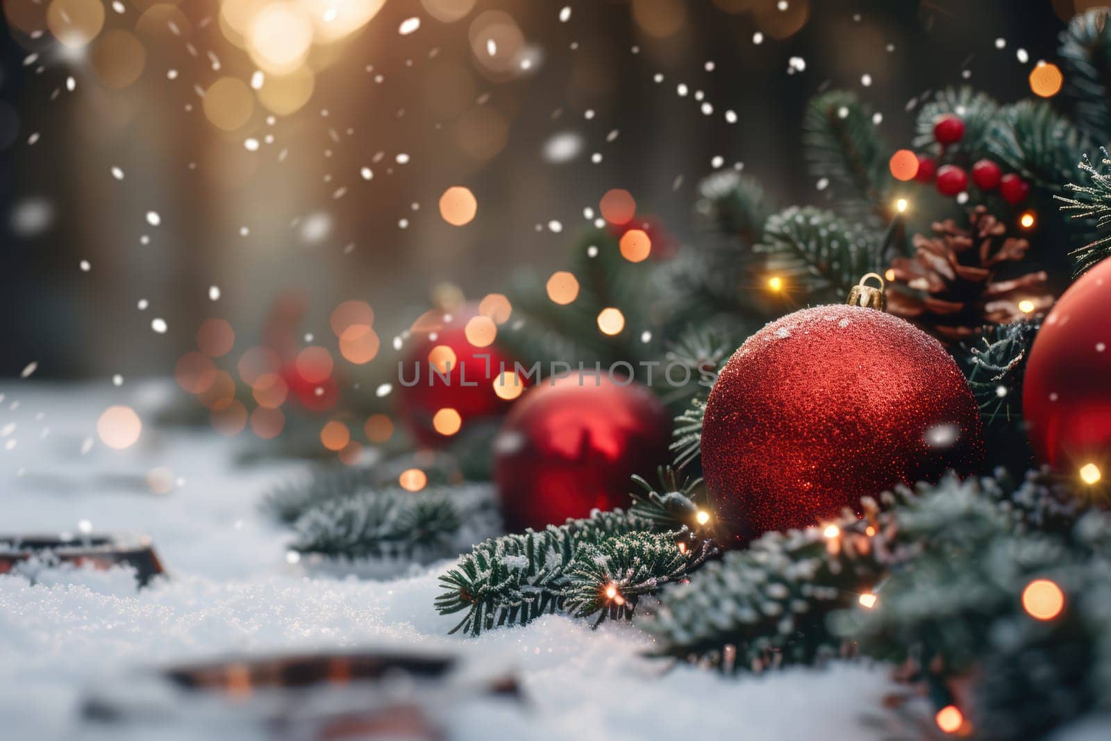 A beautiful Christmas scene with red ornaments, soft snow, and lush pines, capturing the holiday spirit