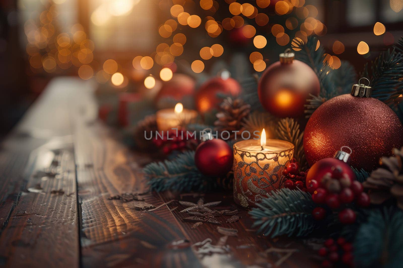 A beautifully arranged Christmas table that showcases ornaments, flickering candles, and the joyful holiday cheer
