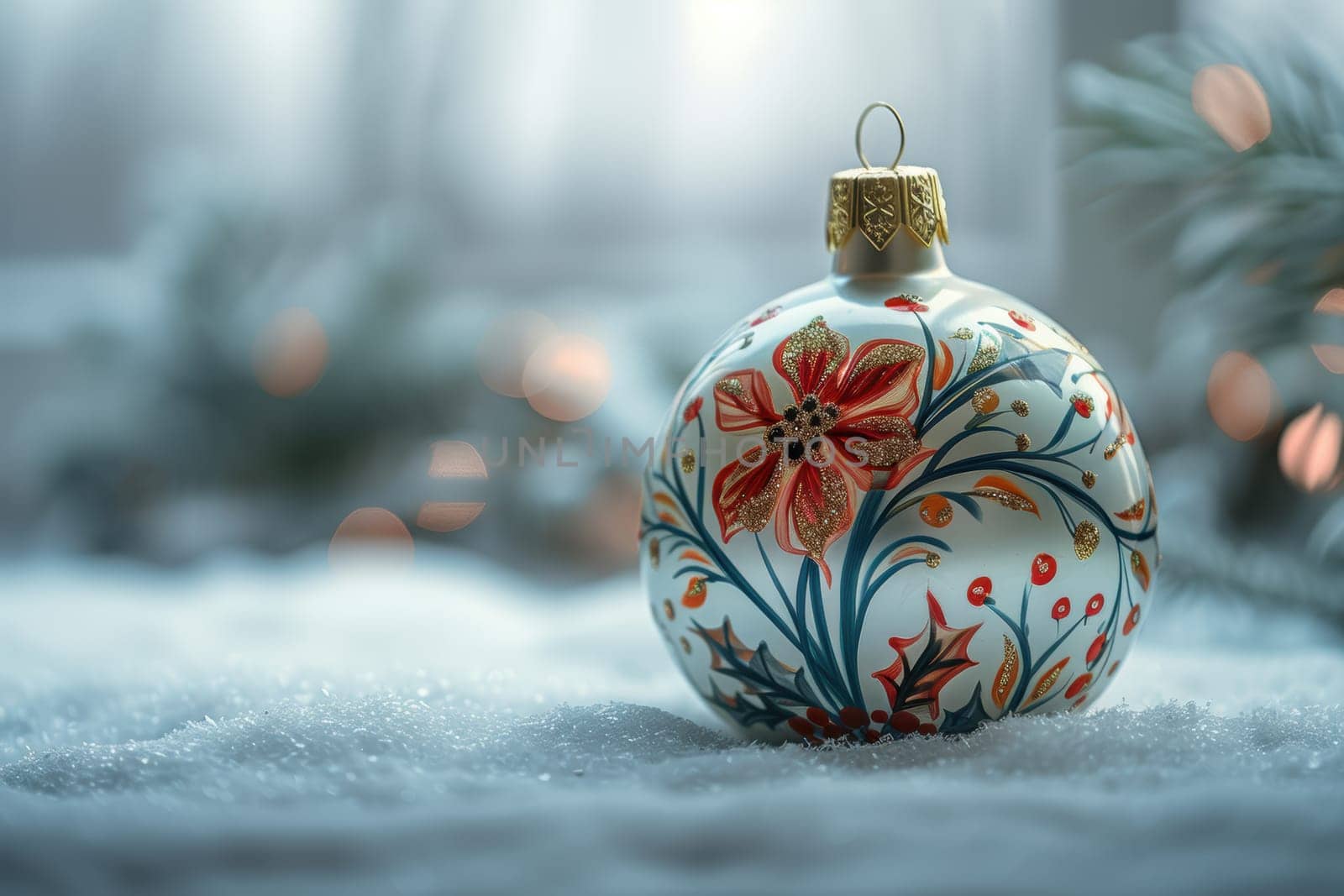A beautifully crafted Christmas ornament is set against a stunning snowy backdrop, creating a magical scene