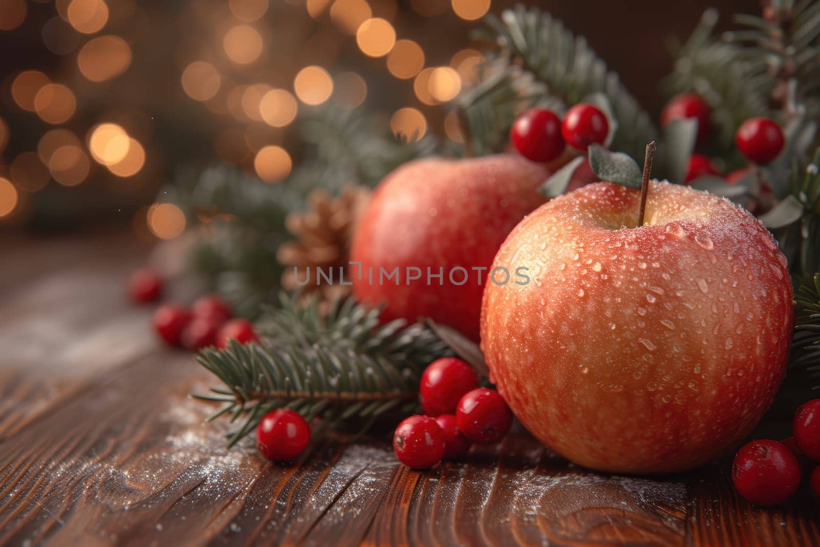 Glistening red apples and fragrant pine branches create a warm, inviting, festive atmosphere for Christmas celebrations