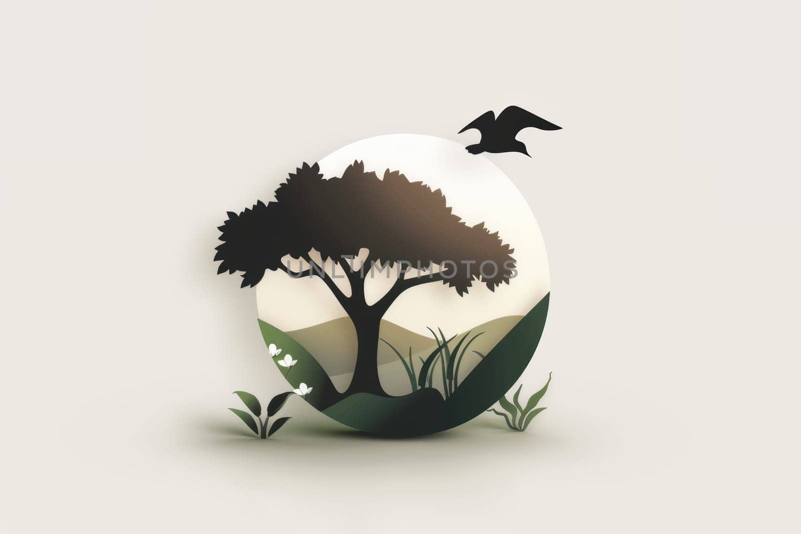 A peaceful illustration of a vibrant tree, lush grass, and a singing bird, embodying natures true beauty