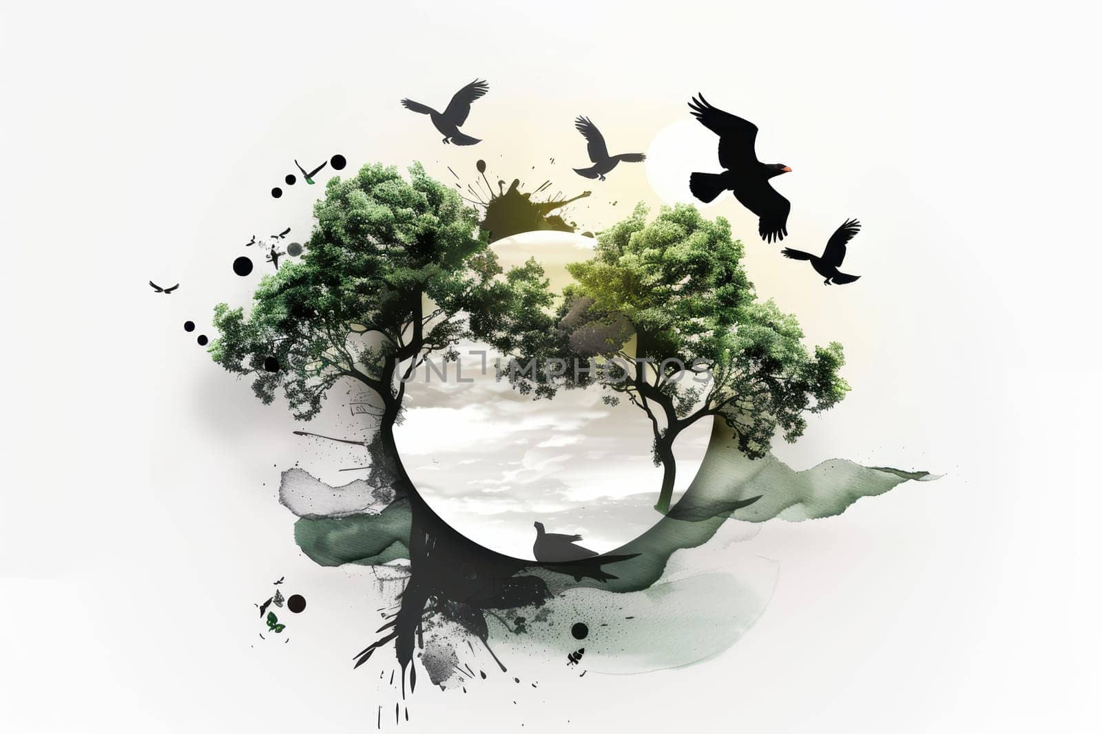 A peaceful and tranquil illustration that features trees, birds, and soft, warm sunlight ideal for naturethemed art