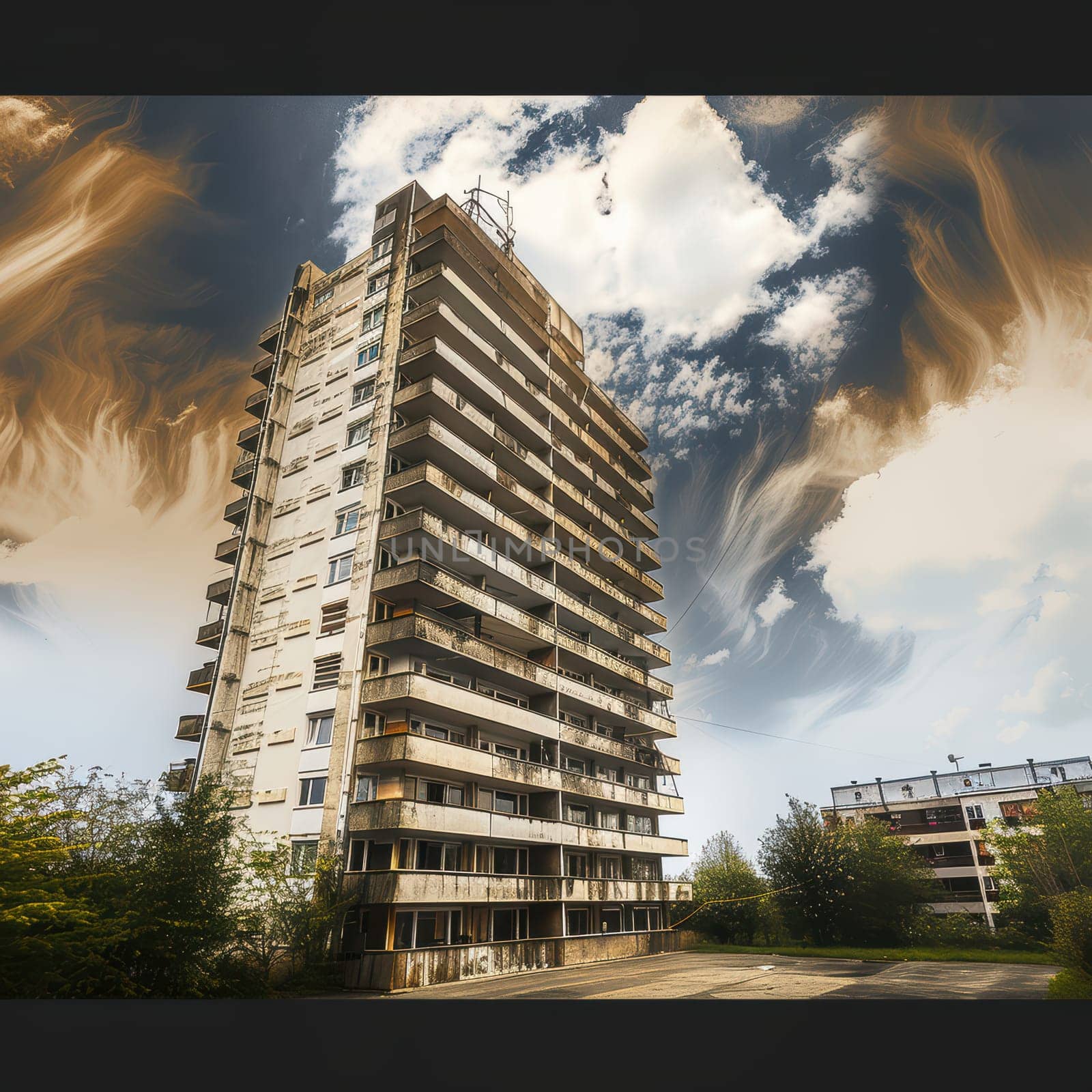 An eyecatching urban highrise towers against a dramatic sky filled with surreal clouds, enhancing its appeal