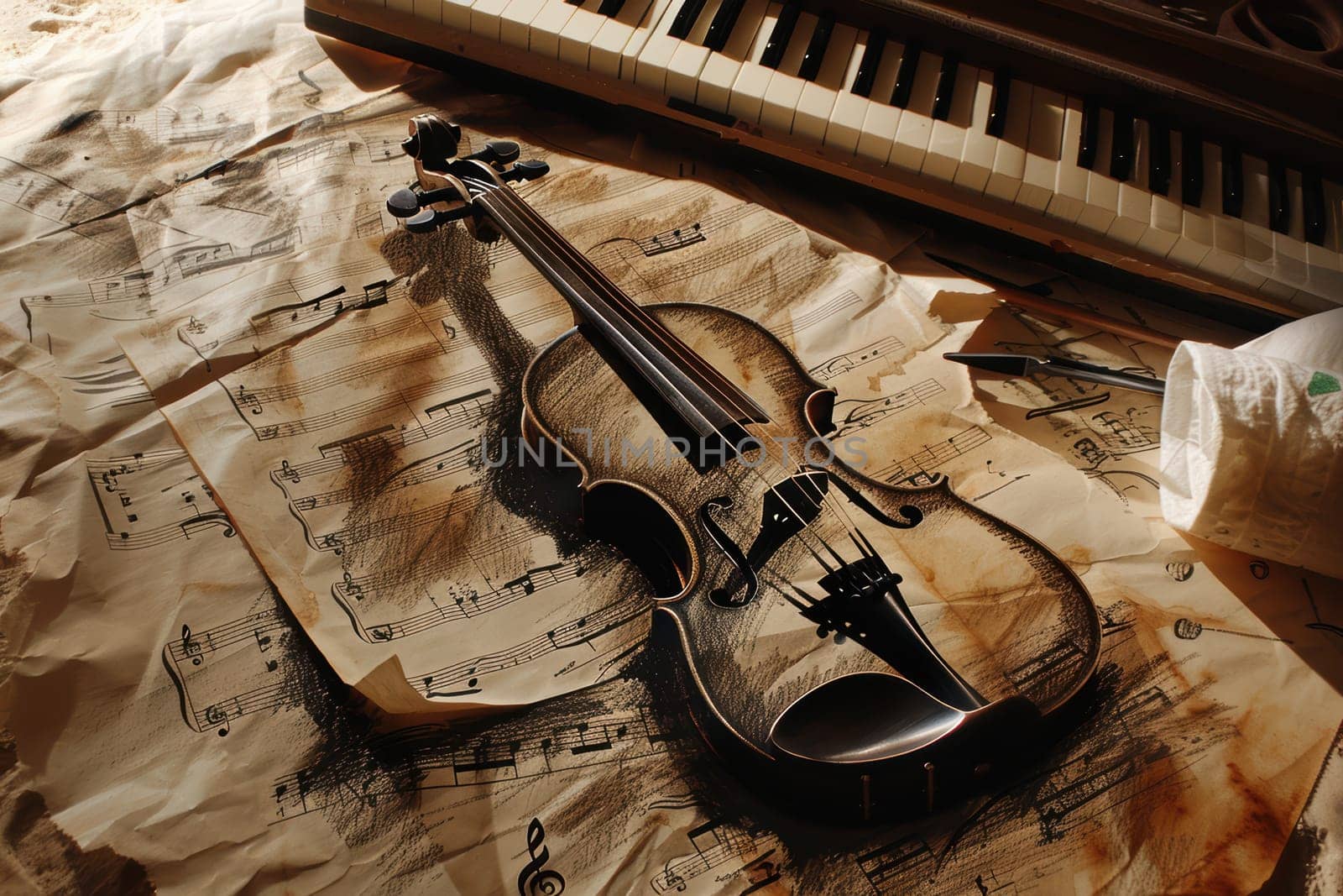 An artistic still life featuring a violin, sheet music, and vintage piano keys in a creative setting.