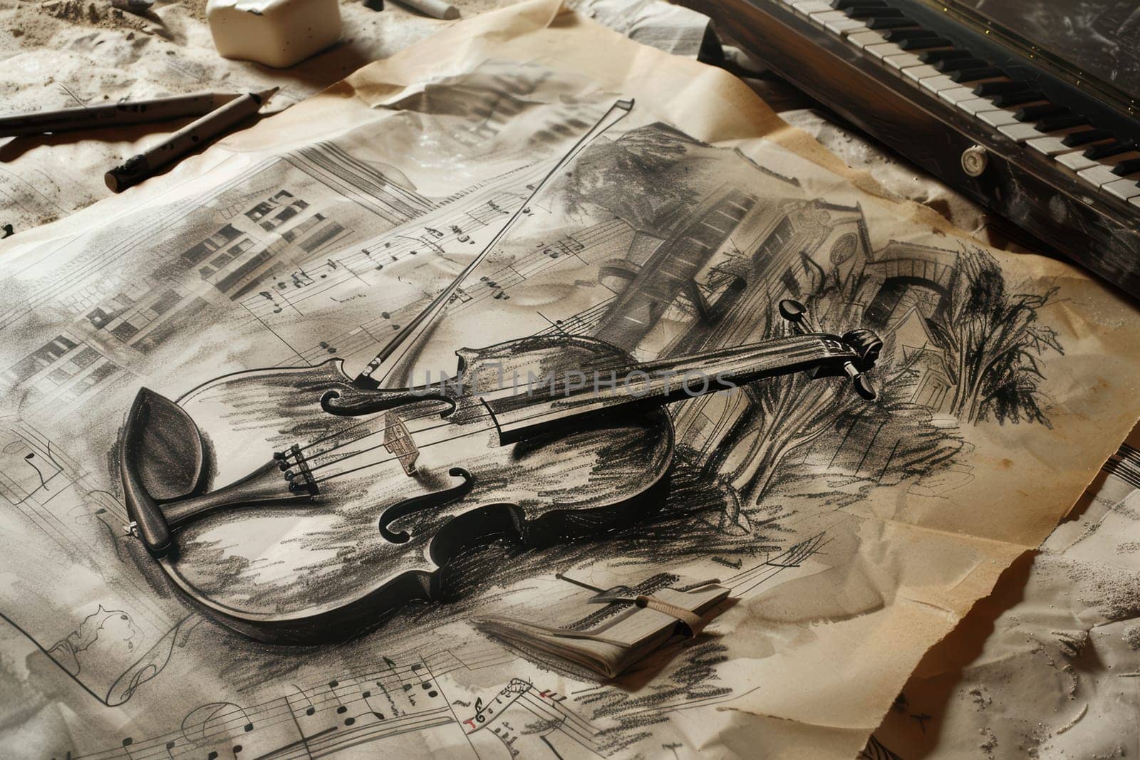 A detailed sketch of a vintage violin on aged sheet music evokes a strong sense of musical nostalgia